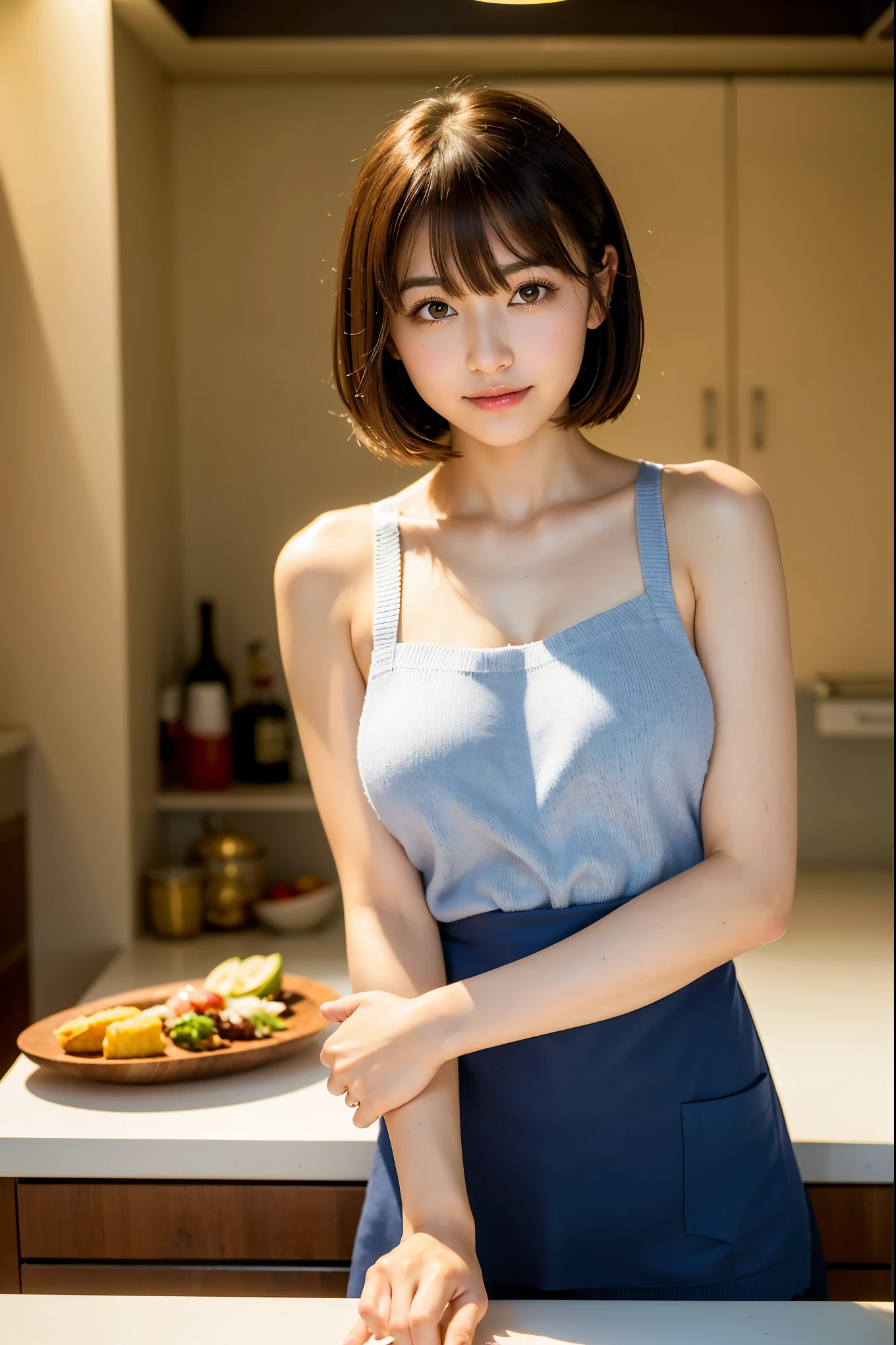 highest quality, Face Focus, Soft Light, Ultra-high resolution, (Realistic:1.4), RAW Photos,
1 Japanese girl, alone, cute,kind　 Beautiful face in every detail, (),(High resolution detail of human skin texture),
indoor, ((A surprisingly thin and tiny navy blue knit camisole apron)) Beautiful breasts　　Wearing a boldly revealing apron
(Portraiture)  High resolution focused on the eye　smile　　See-through bangs　　　　The background is the protagonist　Wide and deep background　Luxurious and beautiful kitchen　Thin eyebrows　Beautiful breasts　very cute　Beautiful white skin　Beautiful Hair　　(Very stylish and beautiful straight bob hair:1.3)  