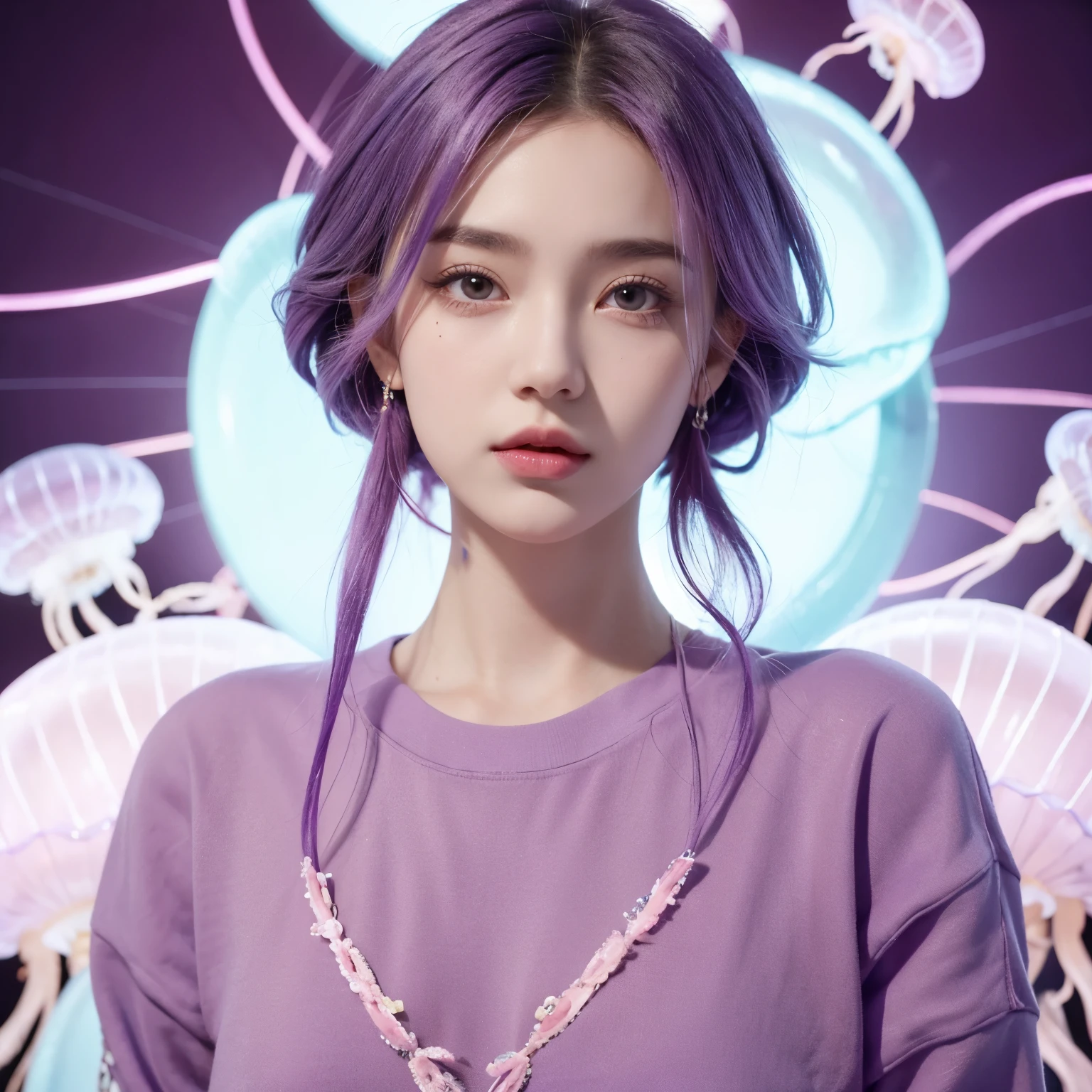 best quality,detailed background,girl, She has purple hair, his haircut is jellyfish style, her eyes are pink and sharp but beautiful and charming. She has a face of Russian descent, and has a scar with the letter X on her left forehead. Wearing tomboyish y2k clothes
