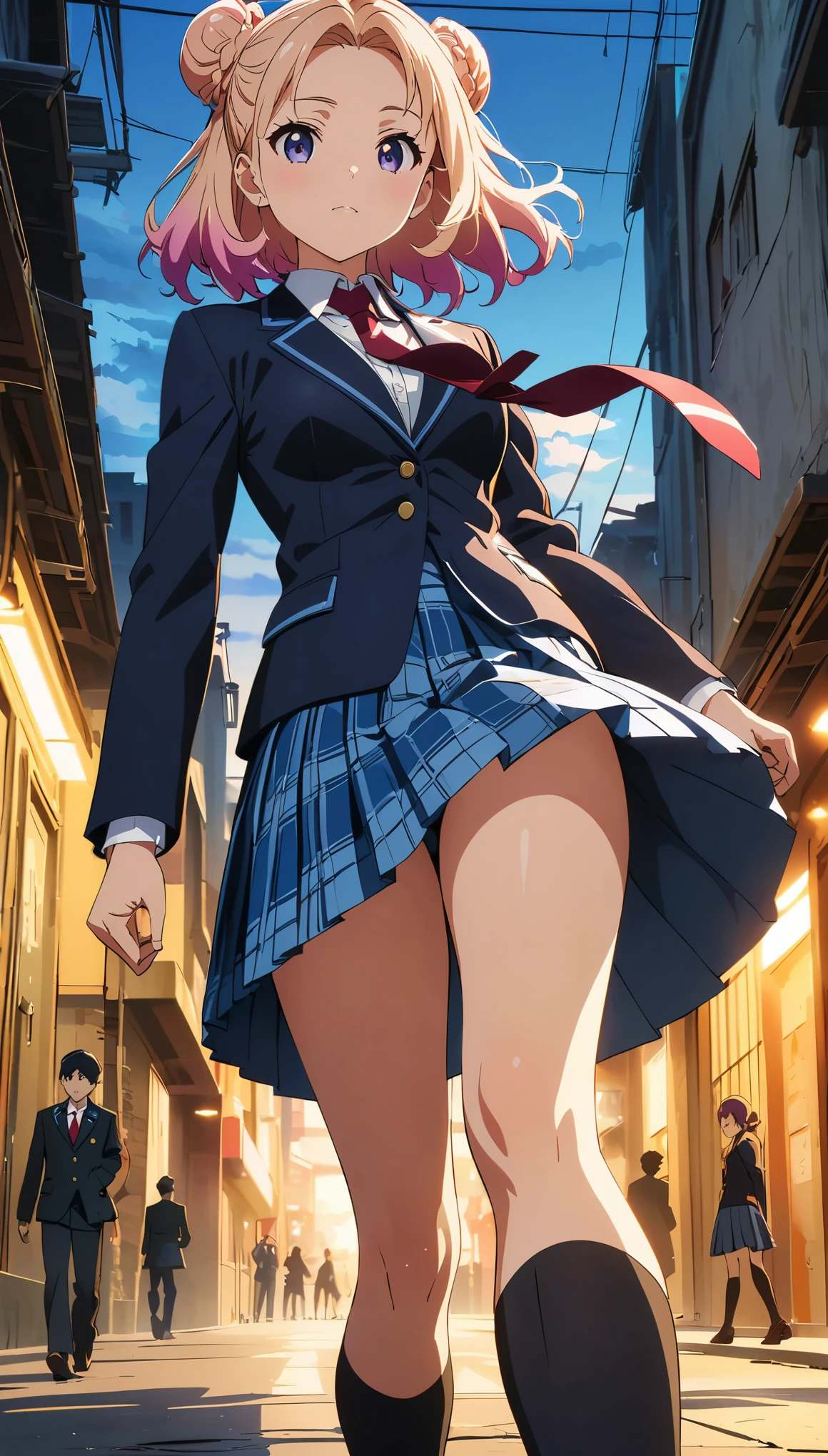 (highest quality:1.2, Anime artwork, Anime Style, Studio Anime, Very detailed, up to date, Vibrant, Anime Coloring, High Contrast, masterpiece:1.2, highest quality, Best aesthetics), blue plaid pleated skirt:1.5, Red tie:1.5, Black blazer, (Private School Uniforms), Beautiful thighs, Black knee-high socks, Gradient Hair, triple bun, Perfect body line, Skin with attention to detail, cute, Detailed face, dance:1.4, Random Pause, Motion Blur:1.2, alley, bustling street, Accurate Fingers, evening, Illuminated by the setting sun, Soft lighting,