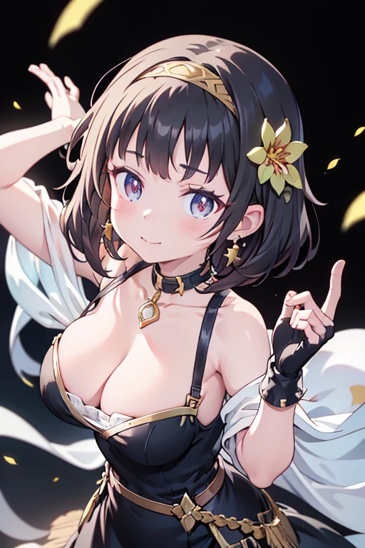 yor briar, anime style beutiful woman, 1girl, happy, sexy pause,(with sparkling eyes and a contagious smile:0.9),red face, closed mouth, beautiful detailed eyes, super detailed skin, backlighting, bare shoulders, black background, black dress, black gloves, black hair, breasts, dress, earrings, fingerless gloves, floating hair, floral print, flower, gloves, gold earrings, gold hairband, hair flower, hair ornament, hairband, holding, holding weapon, jewelry, large breasts, long hair, looking at viewer, off-shoulder dress, off shoulder,red eyes, short hair with long locks, sidelocks, solo, spikes, thighs, two-sided dress, two-sided fabric, weapon, fighting stance , face, close up, from above, highest quality, looking at viewer,high resolution.