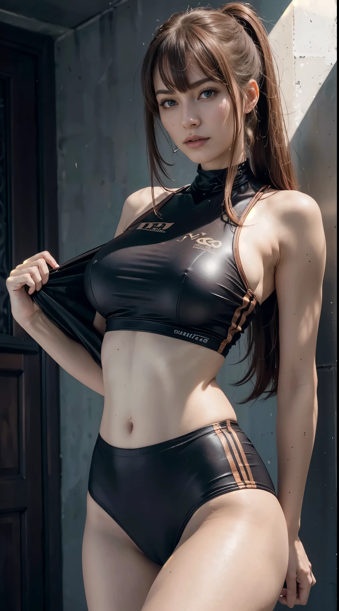 Stretching,(Cinematic scene,Fantasy Art,Highest image quality,portrait of ultra realistic,(8K),Ultra-realistic,Best Quality,High quality,High Definition,high quality texture,high detailing,Beautiful detailed,fine detailed,extremely details CG,Detailed texture,realistic representation of face,masutepiece,presence,Dynamic,Bold),1gir,Ultra detailed skin,Curve,,Beautiful breasts,Large breasts,pale skin,pointed breast,Erect nipples,Ponytail,(super thin hair),(ultra soft hair),(ultra straight hair),Swept long bangs,very light coppery amber hair,Hair over one eye,gymnastic suit