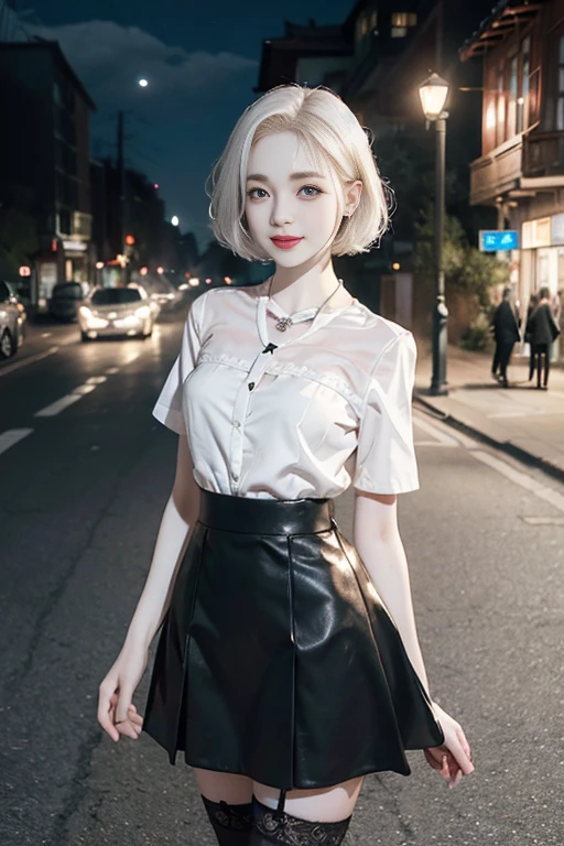 8k RAW photo, High resolution, 37 year old slim Korean, Big round breasts, Formal Shirt, Formal Skirt, Very thin mouth, Duck mouth, Grin,, Beautiful eyes in every detail, Long-term, Three white eyes, cheek, Long eyelashes, Beautiful double eyelids, eye shadow, Beautiful slim legs, stockings, necklace, Earrings, short hair, In front of the station at night,(((Pale Face:1.4)))