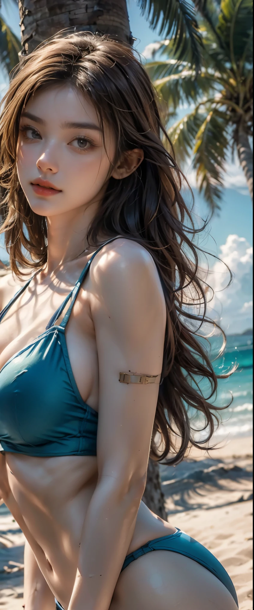 ((masterpiece, highest quality, Highest image quality, High resolution, photorealistic, Raw photo, 8K)), ((Extremely detailed CG unified 8k wallpaper)), Blue Coast, Blue ocean, white sandy beaches, palm trees lining the beach, strong sunlight, deep shadows, fresh breeze, 