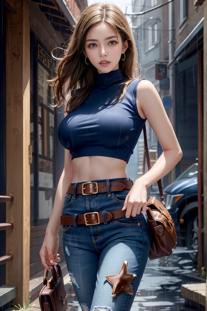 Mariam, highest quality,(beauty), One girl,Physically Based Rendering ,Ultra-high resolution,(Cowboy Shot:1.5),Tight waist, skinny, Leona MS , Big Blue Eyes,Long legs,jeans,Leather Belt,Big Breasts,Puffy eyes, Leather Belt,(Rainy Town), Shiny skin, Face-to-face viewer, I'm excited to fight