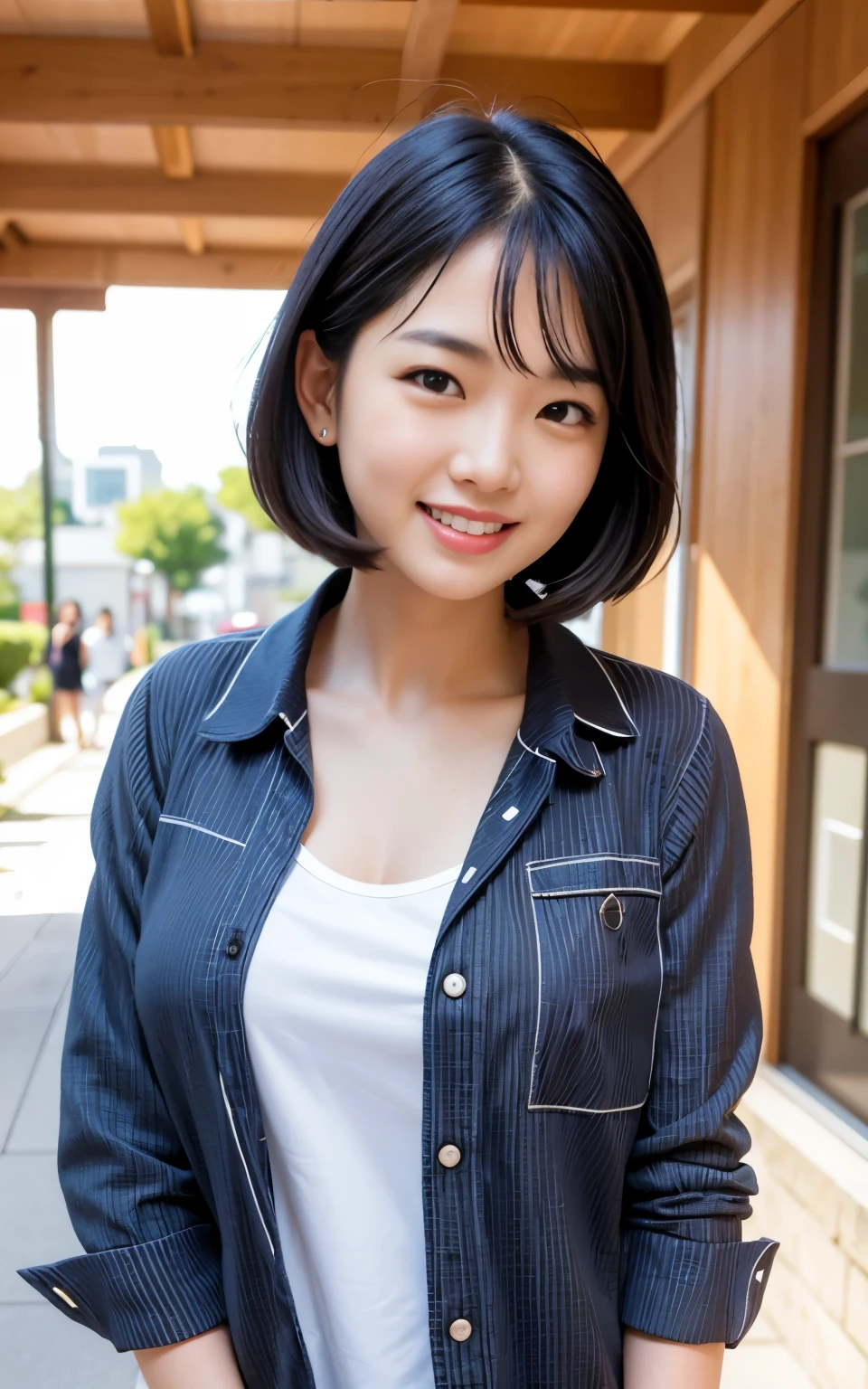 highest quality, figure, Ultra-detailed, finely, High resolution, 8K Wallpaper, 完璧なダイナミックな構figure, ((Sexy pose)), Beautiful Skin, (Big Eyes), 20 year old beautiful girl, Natural color lip, Mid chest, smile, Highly detailed face and skin texture, Detailed eyes, Double eyelid,leaking teeth and laughing, close-up, Short black hair, (Striped jacket), (shirt:1.2), In town