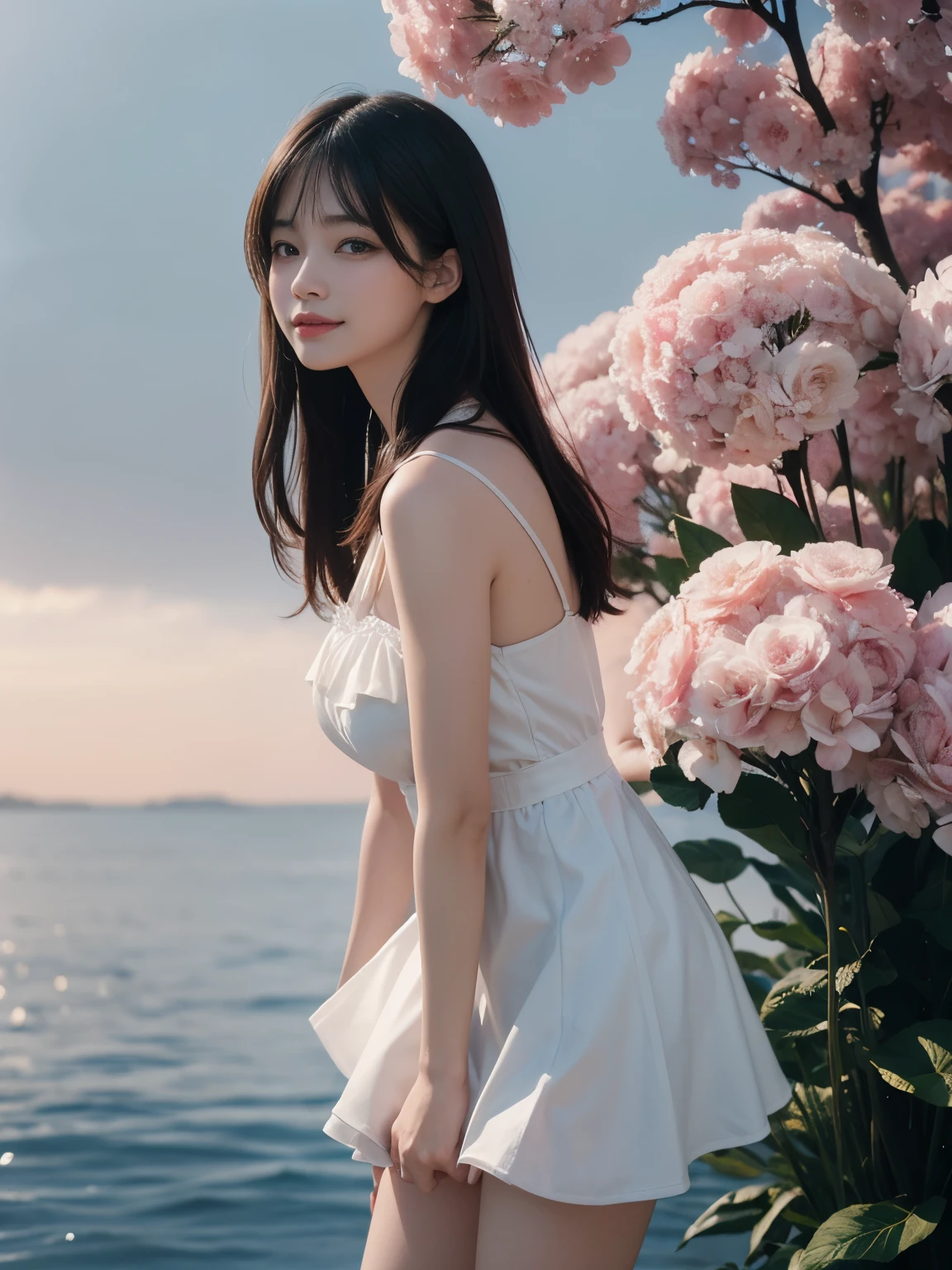 (ultra realistic) , (illustration), (increase resolution), (8K), (extremely detailed), (best illustration), (beautiful detailed eyes), (best quality), (ultra-detailed), (masterpiece), (wallpaper), (detailed face), solo,1 girl, looking at viewers, black straight hair, delicate details, in the dark, deep shadow, low key, pureerosfaceace_v1, happy smile, summer dress, full body, flower garden