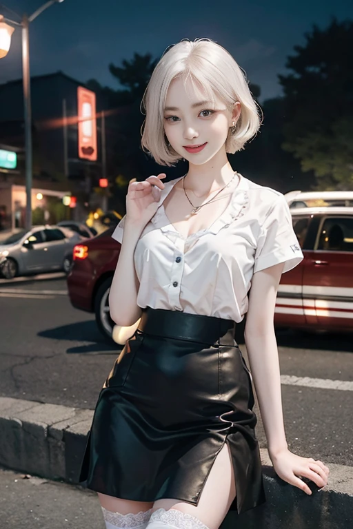 8k RAW photo, High resolution, 37 year old slim Korean, Big round breasts, Formal Shirt, Formal Skirt, Very thin mouth, Duck mouth, Grin,, Beautiful eyes in every detail, Long-term, Three white eyes, cheek, Long eyelashes, Beautiful double eyelids, eye shadow, Beautiful slim legs, stockings, necklace, Earrings, short hair, In front of the station at night,(((Pale Face:1.3)))