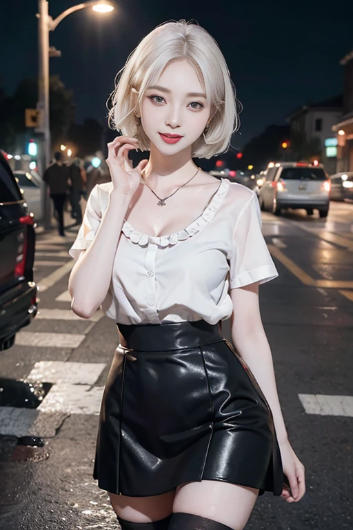 8k RAW photo, High resolution, 37 year old slim Korean, Big round breasts, Formal Shirt, Formal Skirt, Very thin mouth, Duck mouth, Grin,, Beautiful eyes in every detail, Long-term, Three white eyes, cheek, Long eyelashes, Beautiful double eyelids, eye shadow, Beautiful slim legs, stockings, necklace, Earrings, short hair, In front of the station at night,(((Pale Face:1.3)))