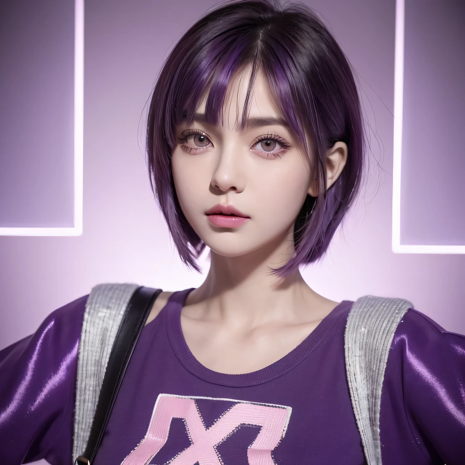 best quality,detailed background,girl, She has purple wolf cut hair, her eyes are pink and sharp but beautiful and charming. He has a face of Russian descent, and has a scar with the letter X on his left forehead. Wearing tomboyish y2k clothes