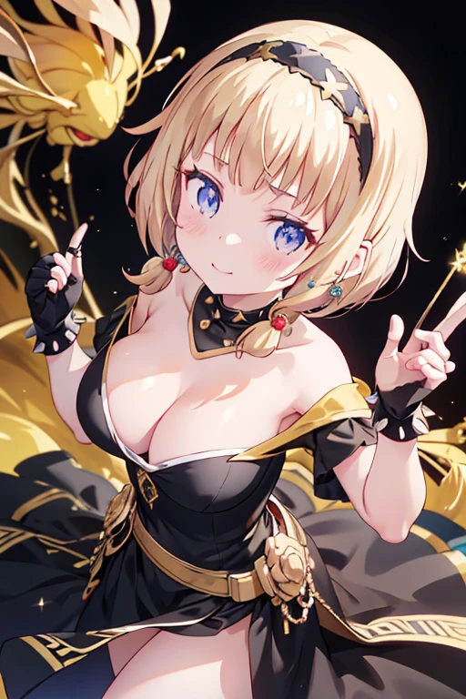 yor briar, anime style beutiful woman, 1girl, happy, sexy pause,(with sparkling eyes and a contagious smile:0.9),red face, closed mouth, beautiful detailed eyes, super detailed skin, backlighting, bare shoulders, black background, black dress, black gloves, black hair, breasts, dress, earrings, fingerless gloves, floating hair, floral print, flower, gloves, gold earrings, gold hairband, hair flower, hair ornament, hairband, holding, holding weapon, jewelry, large breasts, long hair, looking at viewer, off-shoulder dress, off shoulder,red eyes, short hair with long locks, sidelocks, solo, spikes, thighs, two-sided dress, two-sided fabric, weapon, fighting stance , face, close up, from above, highest quality, looking at viewer,high resolution.