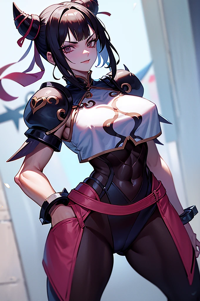 mulher jovem,short black hair , badass , full ancient armor,coxas torneadas,Evil Smile,juri han,chifres de cabelo,detalhes do corpo