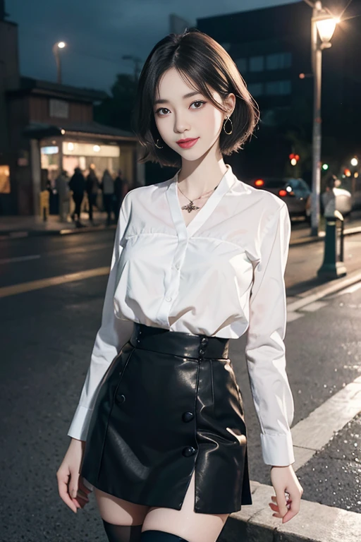 8k RAW photo, High resolution, 37 year old slim Korean, Big round breasts, Formal Shirt, Formal Skirt, Very thin mouth, Duck mouth, Grin,, Beautiful eyes in every detail, Long-term, Three white eyes, cheek, Long eyelashes, Beautiful double eyelids, eye shadow, Beautiful slim legs, stockings, necklace, Earrings, short hair, In front of the station at night,(((Pale Face:1.2)))