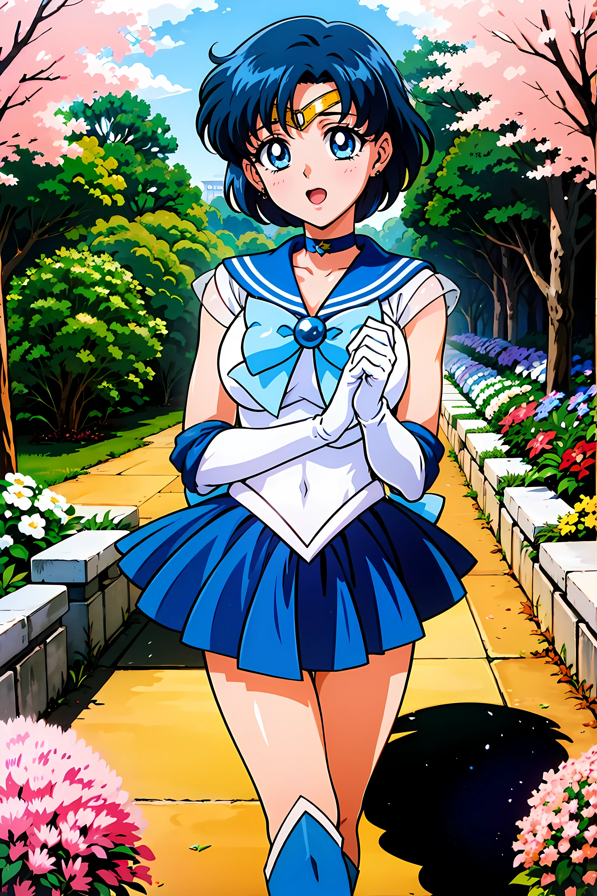 (highest quality:1.3),(ultra-Familiar:1.5),High resolution,extremely Familiar CG,unity 8k wallpaper,Official Art,Familiar,super Familiar skin,Perfect Anatomy,beautiful Familiar eyes,(Anime screenshots:1.11),Very delicate and beautiful,(90s Anime,90s Anime style,cell shaded anime:1.17),1 girl,alone,anmnr,
(mer1,1:1.52)), tiara, Sailor senshi Uniforms, Blue sailor collar, bow, Knee Boots, choker, White gloves, blue choker, elbow gloves, jewelry, Earrings, Blue Skirt,
((garden :1.2)),At dusk, ((Recommended for scenes with strong dark shadows:1.2)), Golden Flower ,Beautiful magic style, intense, Concept Art, Digital Painting,
blush, Open your mouth,Wind lift, Sexy pose, Outdoor,