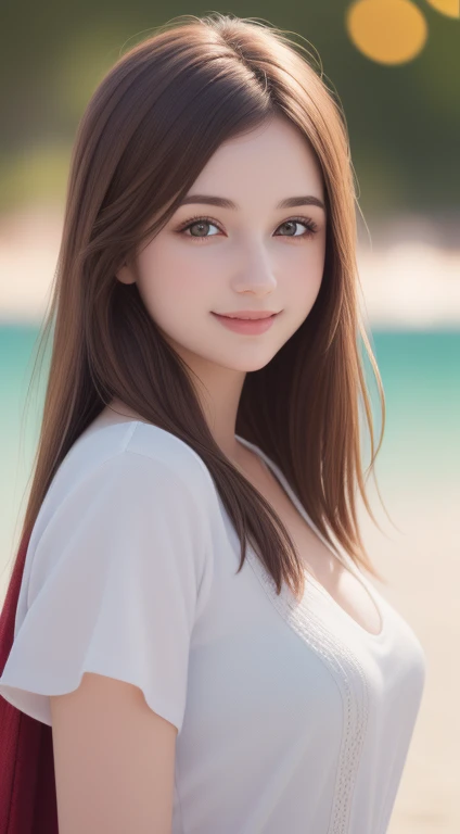 (High resolution, 4k, 8k, super detailed: 1.2), (hyperrealistic, photorealistic: 1.37), (illustrated), (detailed lighting), (very delicate and beautiful), 1 young girl, brown hair , Model, (Top Quality), 8K Super Detailed CG Wallpaper, Vibrant Colors, Professional Grade, ((Bokeh Effect))), Depth of Field. beach. smile,