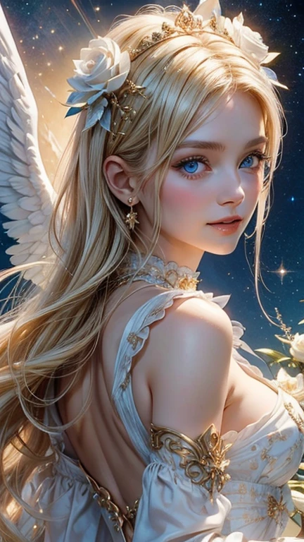 Masterpiece、from the front, Look directly at the viewer,Beautiful girl angel, A kind smile, Big Blue Eyes, White skin、blonde,A beautiful hair ornament with gold carvings and rose flowers.、 Greek-style white dress in soft fabric, On my back2Angel wings in pieces, Holding a cute white rabbit、Space background with lots of sparkling stars, Sparkling Light, Realistic,