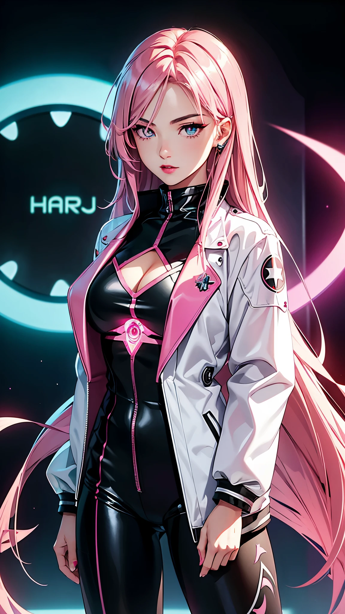 ((masterpiece))) whole body, whole body Shot (A girl) ((Pink Hair, Long hair, Straight Hair, Two sides up))), ((Green Eyes))), Eyeshadow, Eyeliner, Glowing Eyes, Eye for Ultra Detail, Complex eyes, beautiful eyes, Delicate eyes, (((Star-shaped pupil, Glowing pink pupils))) 18 year old girl. (Wearing a transparent PVC jacket)) huge cool weapon machine in hand, huge cool weapon machine, mechanical, mechanicalanism, machine, Open stance, Coalescence