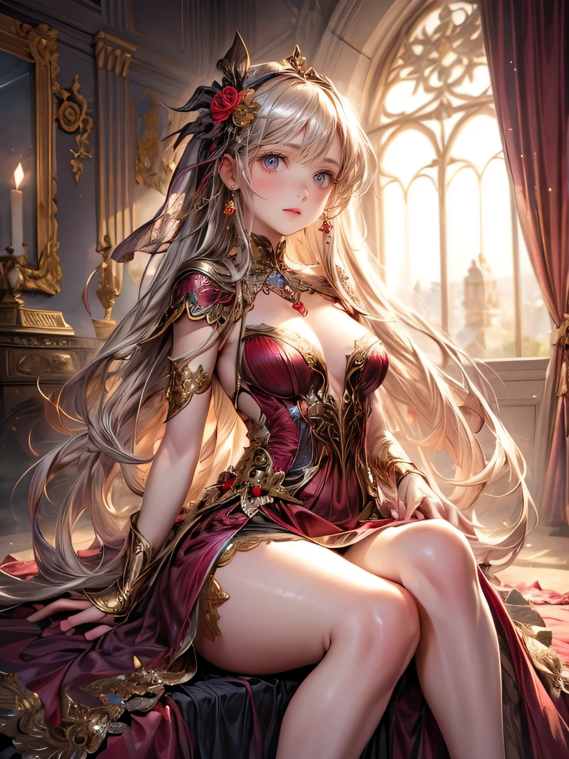 cute girl, in masquerade ball,palace hall, red ball gown dress,masterpiece: 1.2, highres,32k, photorealistic: 1.37, ultra-detailed: 1.2, beautiful delicate(hair,face,eyes,lips,thigh,dress),delicate pupils,sparkling eyes,brilliant rosy lips, luxury decoration, shower of light, vibrant colors illustration