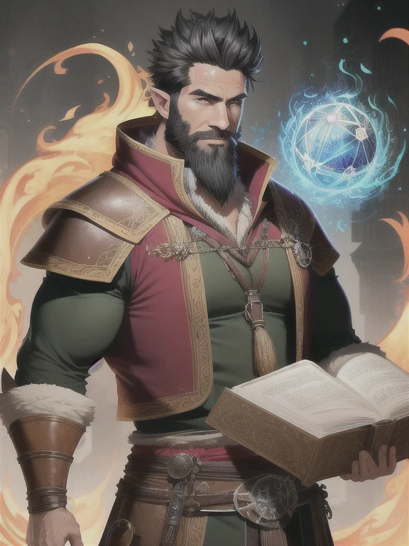 1man, middle-age, 35, beard, black hair, green eyes, magic, sorcerer, wizard, carries spell book, DND, Goliath, buff character, muscular