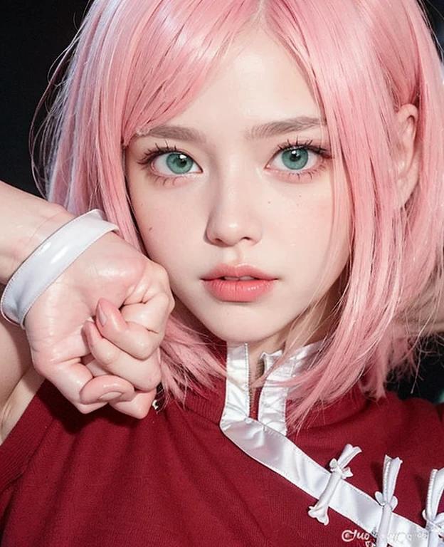 young woman, short shoulder-length pink hair, wide forehead, porcelain skin, pink eyebrows, big emerald green eyes, buttoned nose, full lips, heart-shaped face, slender body, small breasts, maroon tank top, Sakura Haruno , realistic, Realism, details, 3d, well detailed.