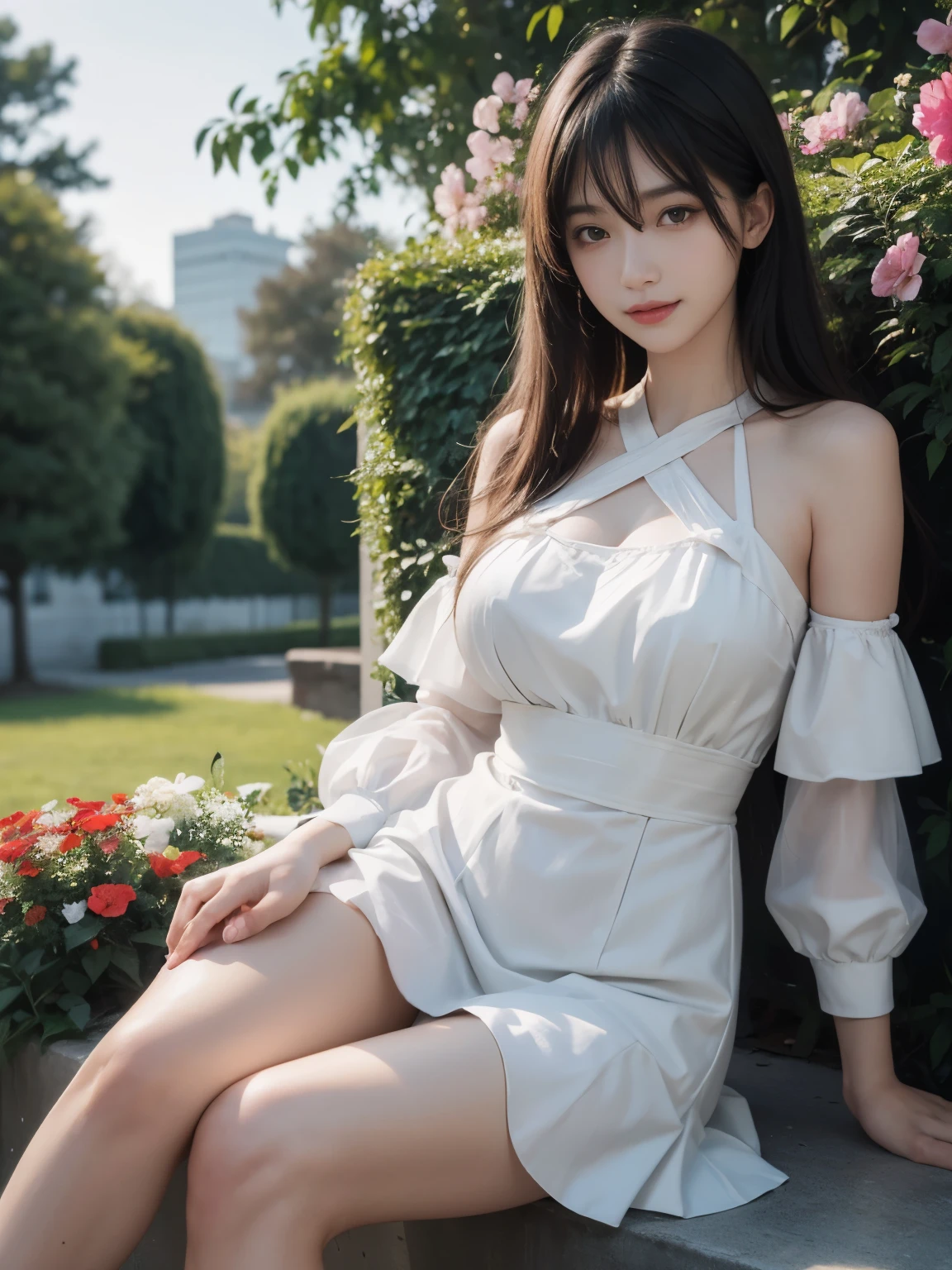 (ultra realistic) , (illustration), (increase resolution), (8K), (extremely detailed), (best illustration), (beautiful detailed eyes), (best quality), (ultra-detailed), (masterpiece), (wallpaper), (detailed face), solo,1 girl, looking at viewers, black straight hair, delicate details, in the dark, deep shadow, low key, pureerosfaceace_v1, happy smile, summer dress, full body, flower garden