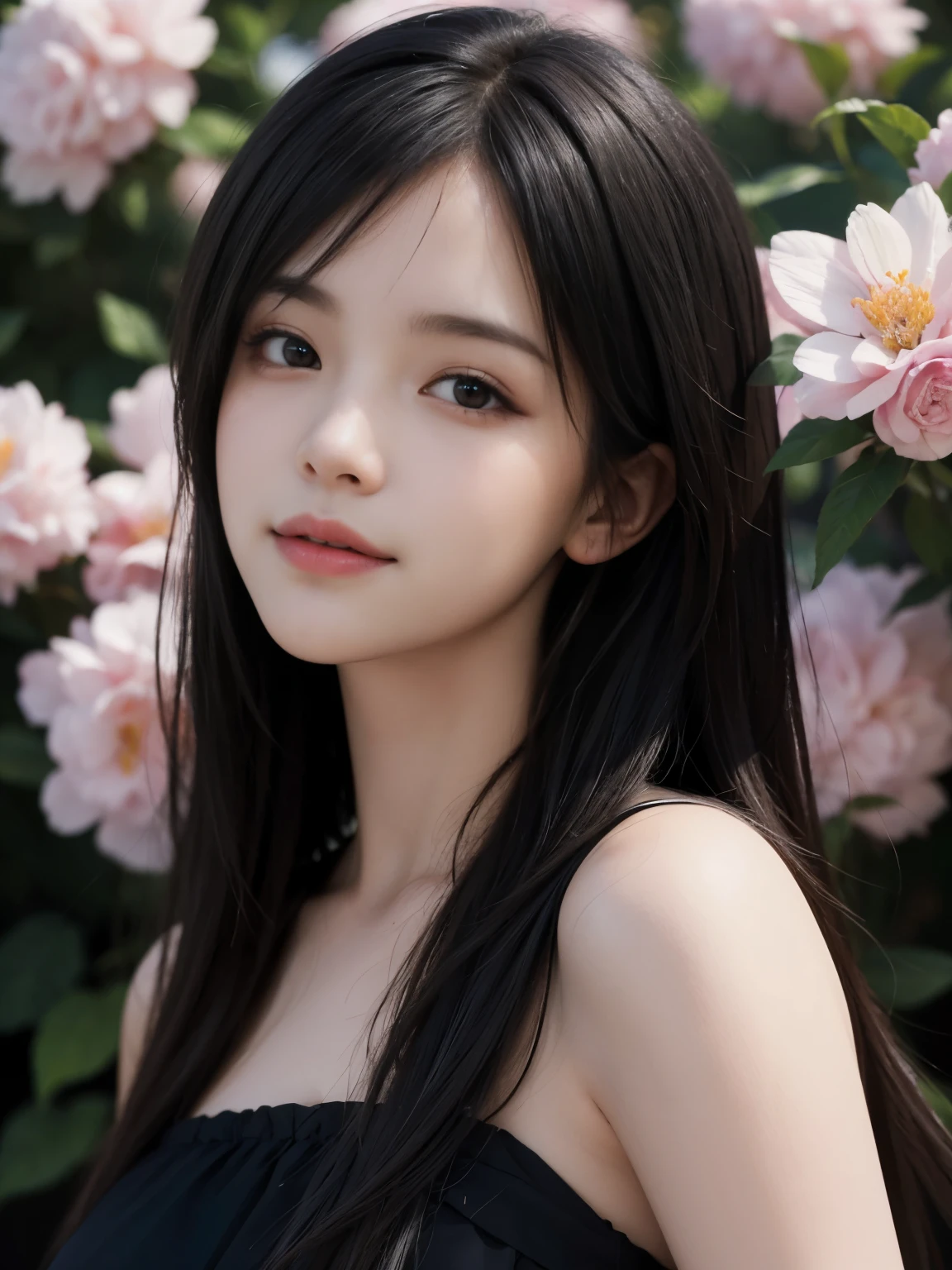 (ultra realistic) , (illustration), (increase resolution), (8K), (extremely detailed), (best illustration), (beautiful detailed eyes), (best quality), (ultra-detailed), (masterpiece), (wallpaper), (detailed face), solo,1 girl, looking at viewers, black straight hair, delicate details, in the dark, deep shadow, low key, pureerosfaceace_v1, happy smile, summer dress, full body, flower garden
