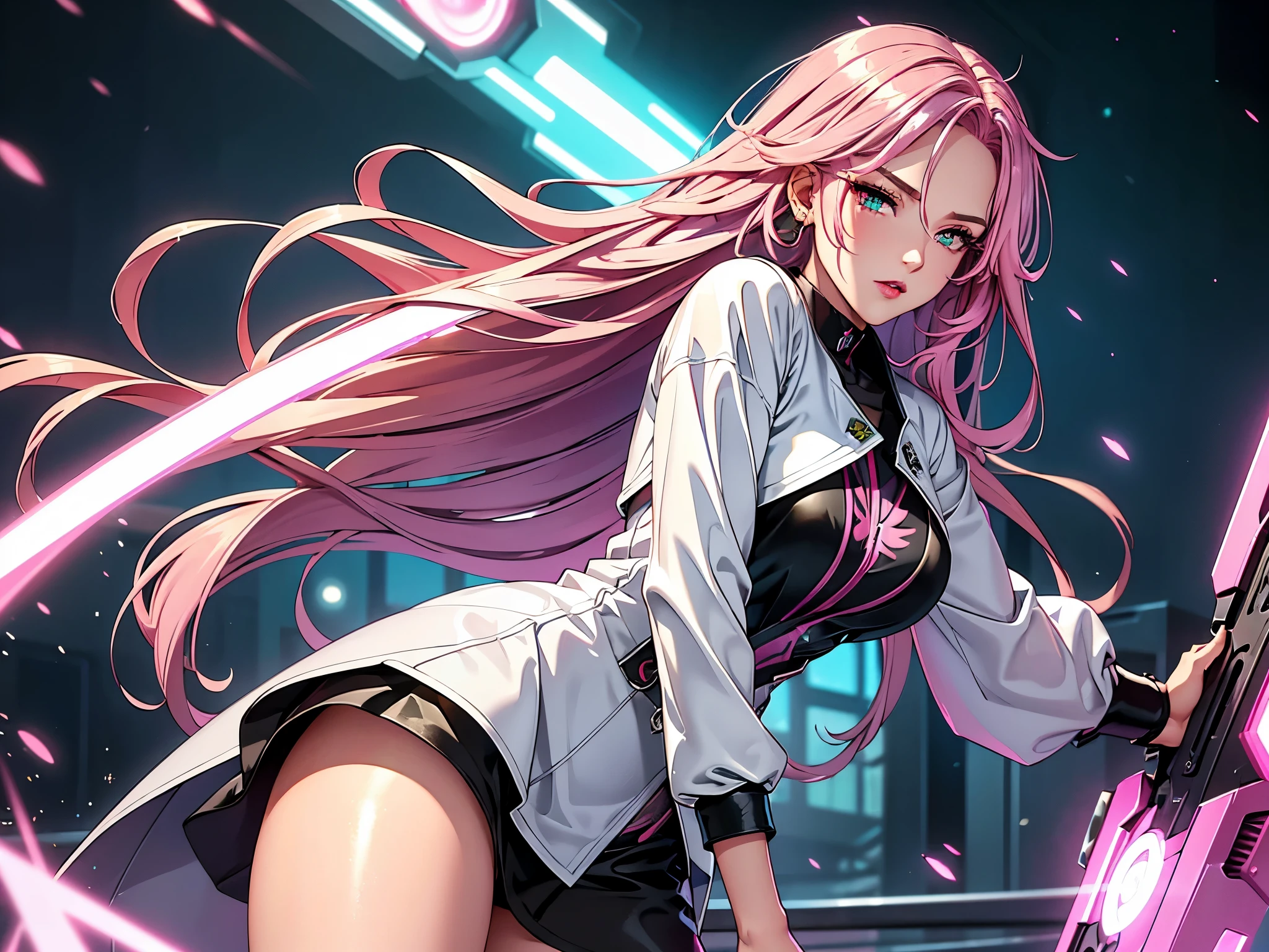 ((masterpiece))) whole body, whole body Shot (A girl) ((Pink Hair, Long hair, Straight Hair, Two sides up))), ((Green Eyes))), Eyeshadow, Eyeliner, Glowing Eyes, Eye for Ultra Detail, Complex eyes, beautiful eyes, Delicate eyes, (((Star-shaped pupil, Glowing pink pupils))) 18 year old girl. (Wearing a transparent PVC jacket)) huge cool weapon machine in hand, huge cool weapon machine, mechanical, mechanicalanism, machine, Open stance, Coalescence
