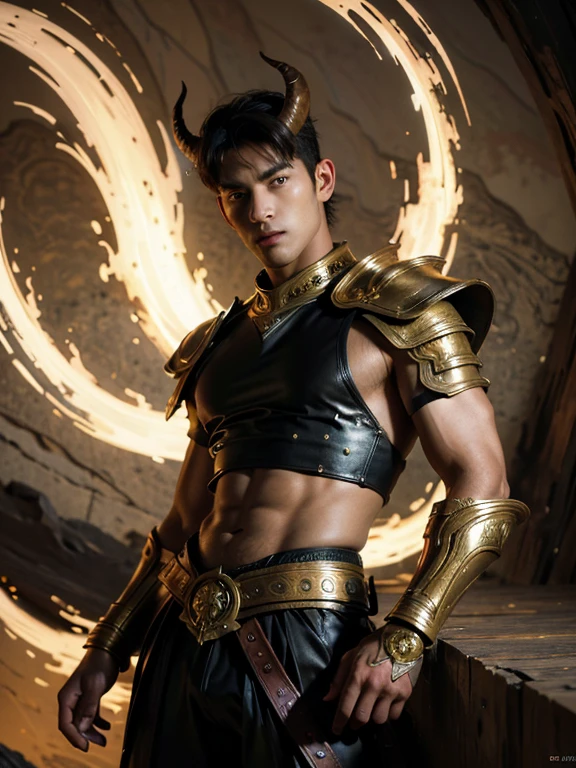(photorealistic, masterpiece, detailed face, best quality, highres, 4k), Fantasy art style, A striking depiction of Aries the fiery ram featuring a ruggedly handsome male model with piercing eyes and a fierce aura. He stands atop a mountain peak, adorned in skimpy and sexy armor with flaming horns, symbolizing his passionate and determined nature