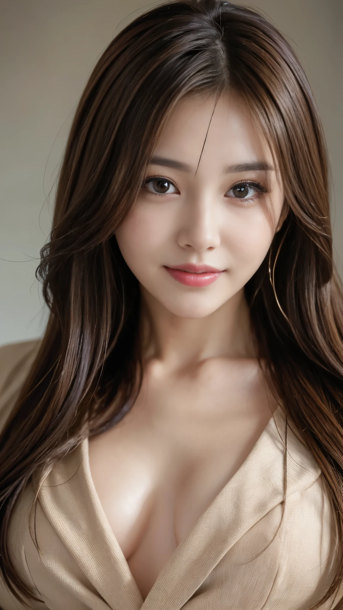On the table, best quality, Practical, Ultra Detailed, Finely, high resolution, 8k wallpaper, 1 beautiful woman,, Light brown messy hair, Wearing a suit, Clear focus, Perfect dynamic composition, Beautiful and delicate eyes, Thinning hair, Detailed Practical skin texture, Smile, Close-up portrait, Model figure