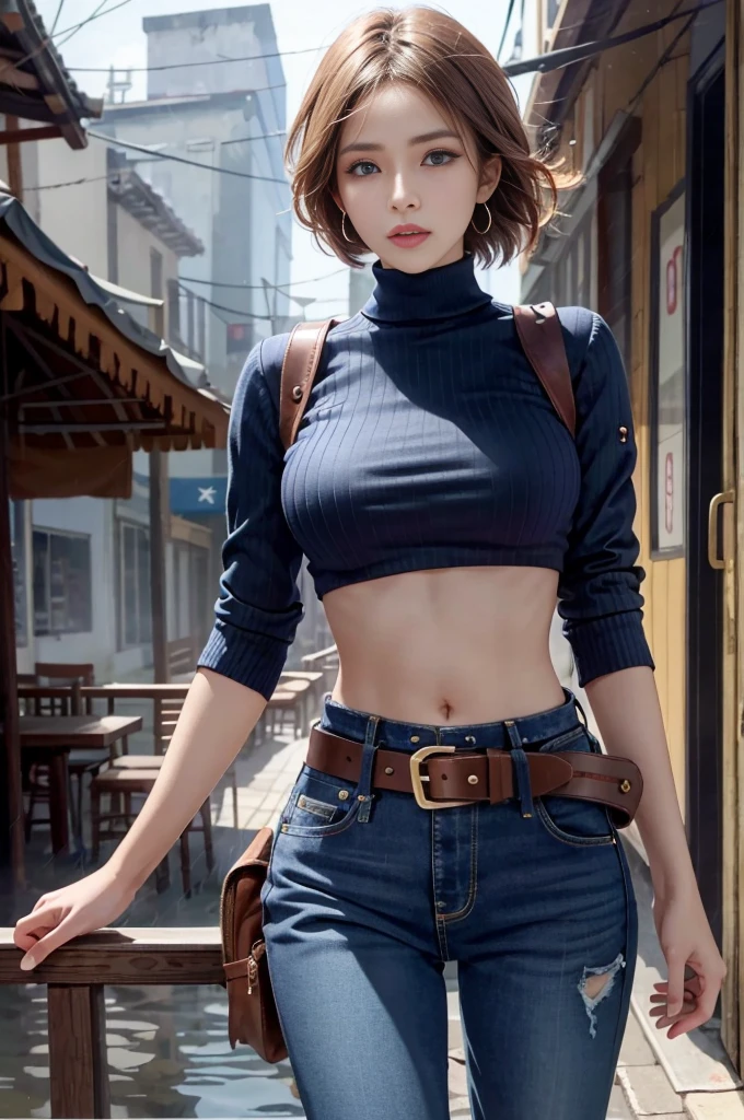 Mariam, highest quality,(beauty), One girl,Physically Based Rendering ,Ultra-high resolution,(Cowboy Shot:1.5),Tight waist, skinny, Leona MS , Big Blue Eyes,Long legs,Jeans Mini Pants,Leather Belt,Big Breasts,Puffy eyes, Leather Belt,(Rainy Town), Shiny skin, Face-to-face viewer, I'm excited to fight、Has a gun。Sexy leather tops