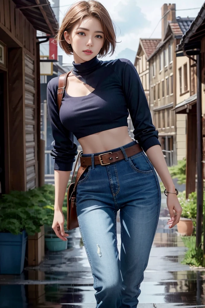 Mariam, highest quality,(beauty), One girl,Physically Based Rendering ,Ultra-high resolution,(Cowboy Shot:1.5),Tight waist, skinny, Leona MS , Big Blue Eyes,Long legs,Jeans Mini Pants,Leather Belt,Big Breasts,Puffy eyes, Leather Belt,(Rainy Town), Shiny skin, Face-to-face viewer, I&#39;m excited to fight、Has a gun。Sexy leather tops
