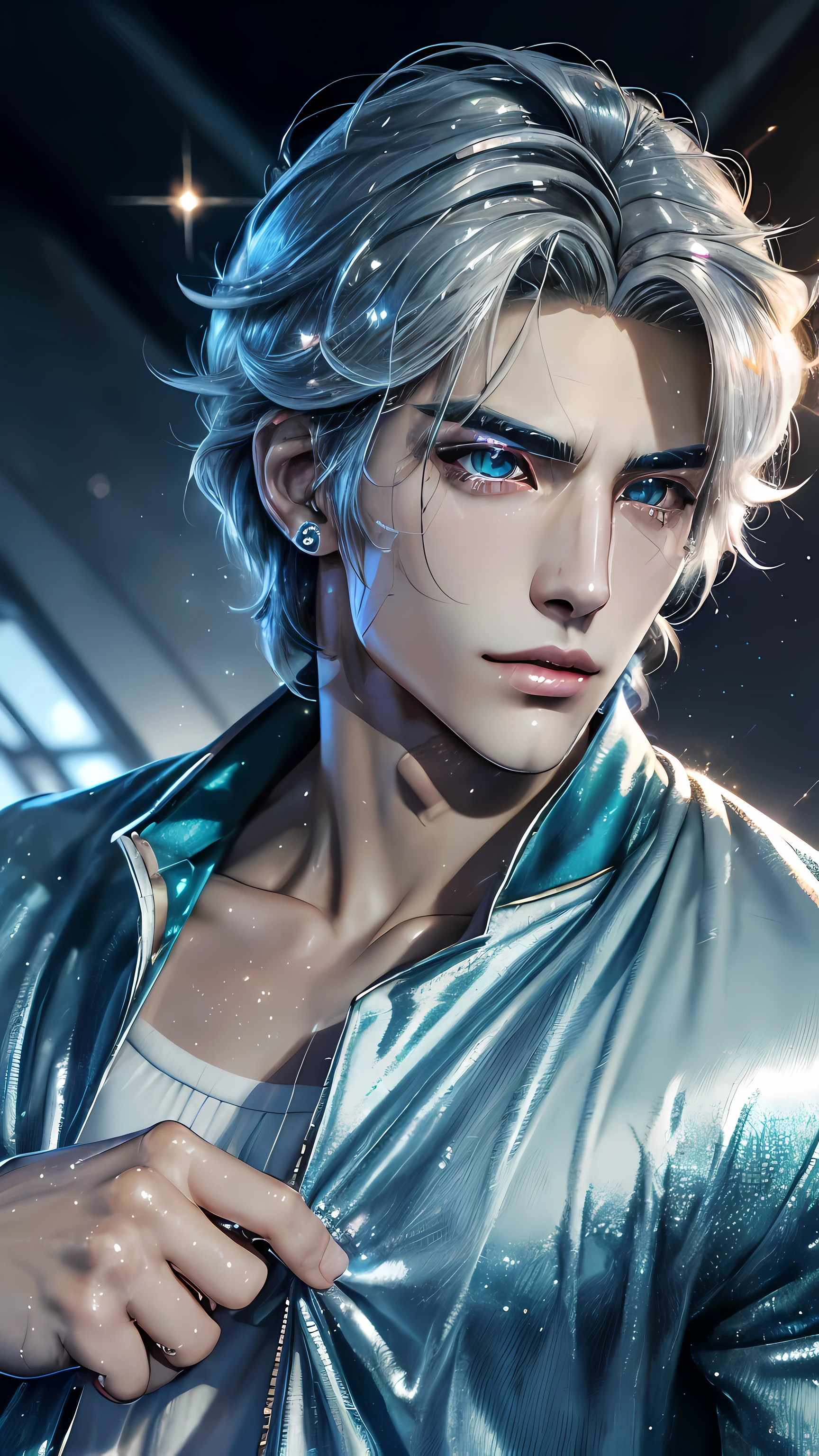 ( A high resolution, ultra - detailed, HighDynamicRange), tmasterpiece, Manhwa style, manhwa masculin style, Best quality at best, gaming character , Short hair details, (Handsome men),Anime eyes, Mobile legendary heroes, detailed scene, Detailed characters,(Pointed Opal'of clotheagia,((cleanness,hair sparkling like diamonds))