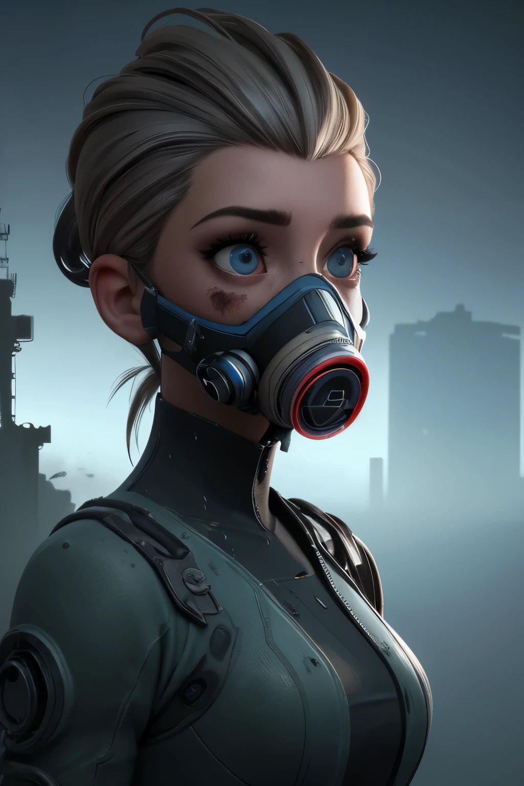 best quality, (post-apocalyptic_cyberrealism:1.4), (the face of a amazing intelligent woman who sees right through your soul), detailed, intricately elaborate, 8k resolution, to the depths of the soul, ((contact shadows, diffuse shading)), deep colors, cinematic lighting, amazing masterpiece, ultra-detailed eyes, slicked neat short hairstyle, toned face, (radioactive rain, fog); on distance, destroyed megatower in the background, (strange respirator), in Giger style, voyeurism