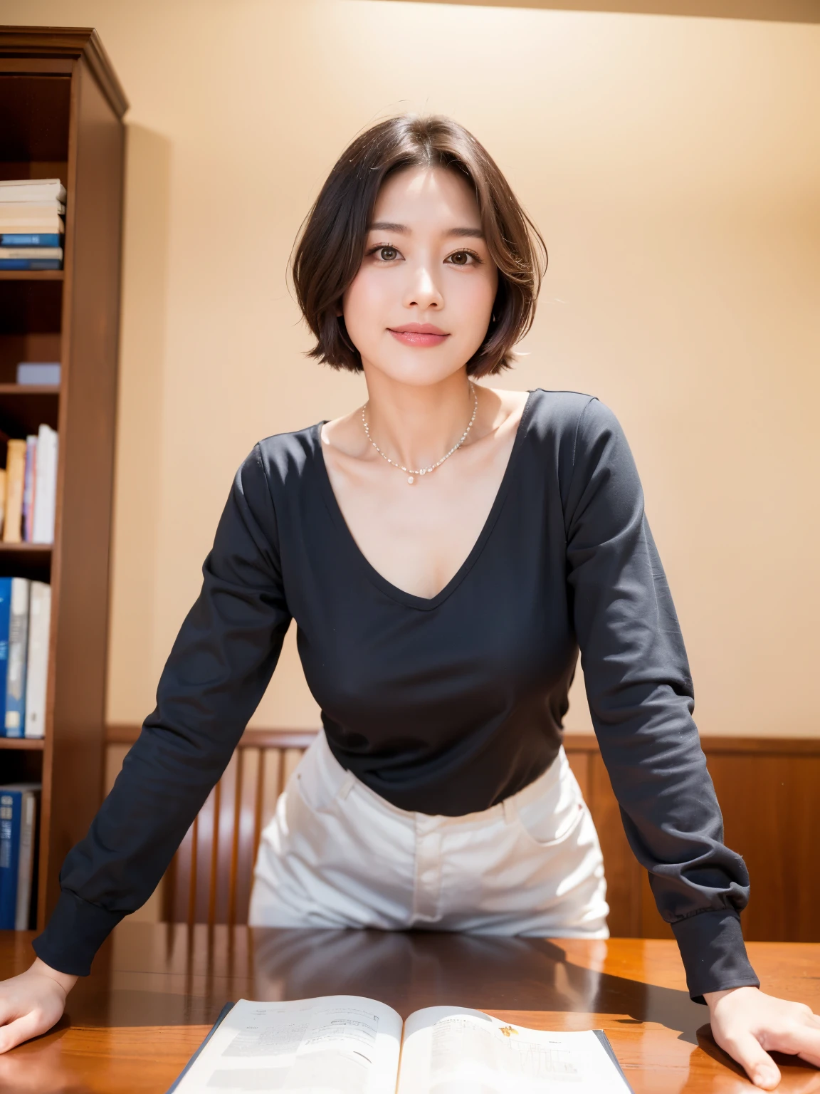 (highest quality, 8k, 32k, masterpiece, Ultra-high resolution:1.2),Beautiful Japanese Women Photos, (Standard body shape)、(D cup breasts:1.4), Very short bob hair,Full body photo,(Black formal ruffled blouse:1.4),(Pearl Necklace:1.4), (A war room with a large bookshelf in the background:1.3), (She is looking at the audience:1.2)、(A kind smile:1.3)、
