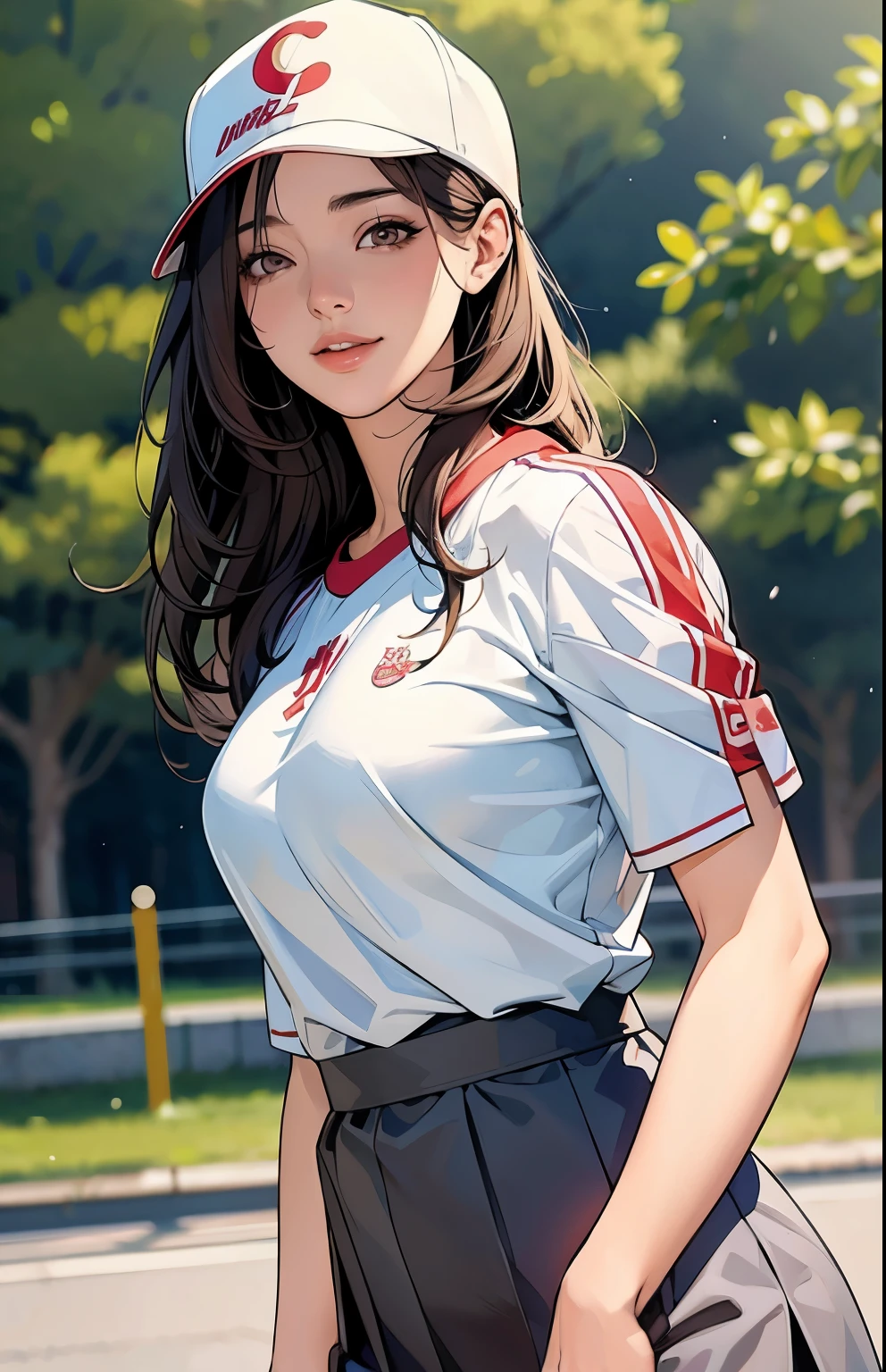 masterpiece、Top quality、high resolution、High-quality images、8k, 1 female、Skin radiance、Skin and clothing textures、Delicate eye expression、shiny long hair girl, Comics inspired by Lee Jong Suk, Popular on deviantart, realism, Detailed comic style, Comic art style, Perfect line drawing, Beautiful line art, Digital Comic Art Girl, Hallyu idol, skirt, Detailed brown eyes, Full lips, detailed gorgeous face, (Lovely smile), Tempting, Innocent, Side view, (Perfect facial details), (Detailed hands) Realistic images, Depth of Field, Japanese Jiqi hairstyle, good exercise, sports Shorts, Stylish sportswear, White baseball cap, outdoor, public park
