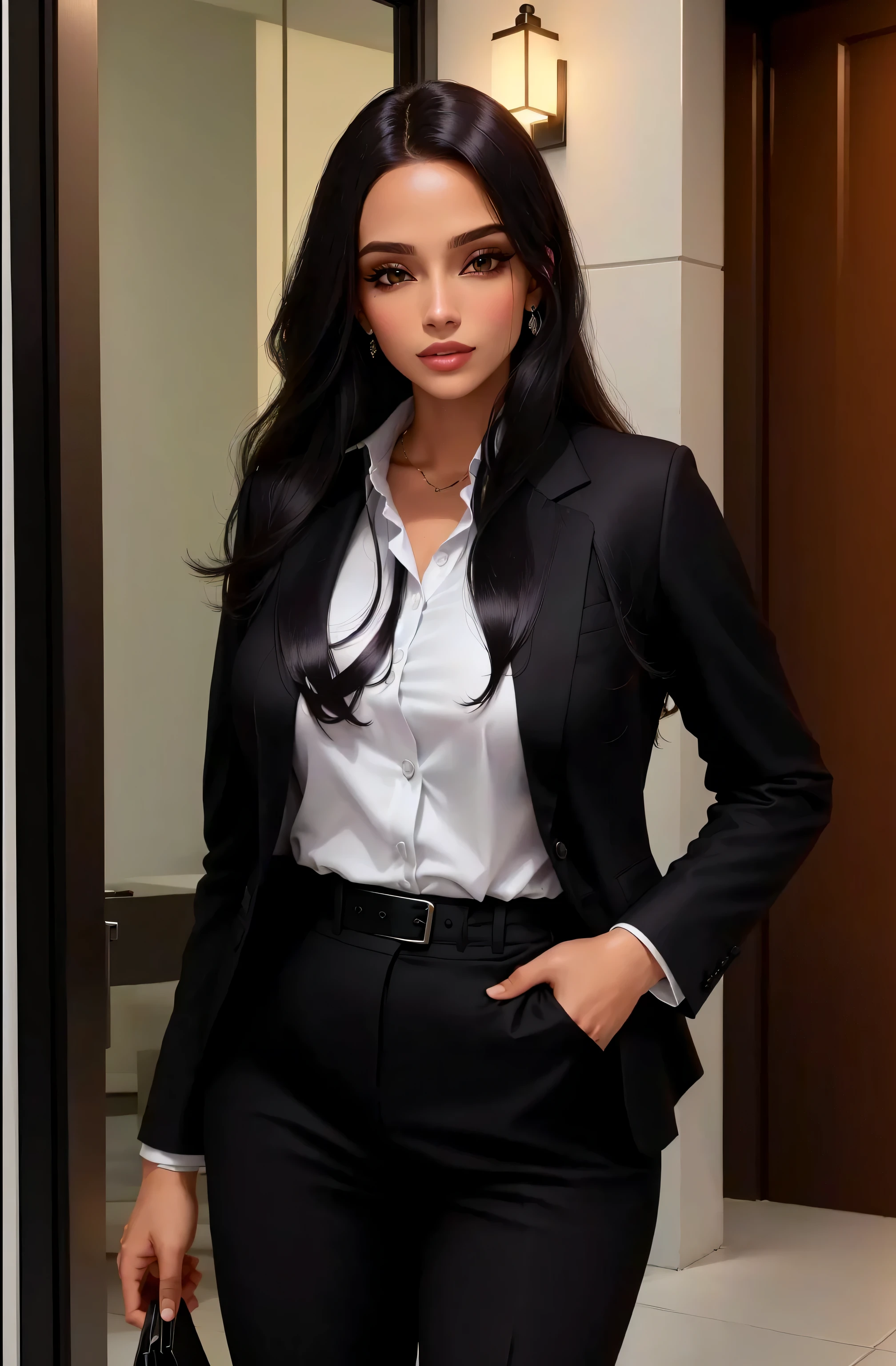 mulher de terno preto e camisa branca em frente a uma porta, ultra realista, vestindo terno preto, garota de terno, Garota de terno, wearing business suit, Wearing a business suit, mulher de terno preto, woman in business suit, business woman, Vestindo um terno formal, with a business suit, in a business suit, vestindo terno preto