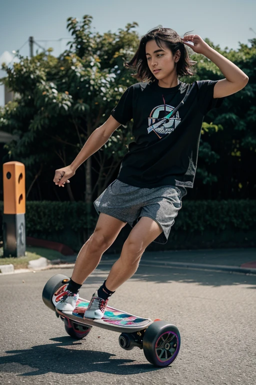 creates an image of a person spinning on a hoverboard electric skateboard