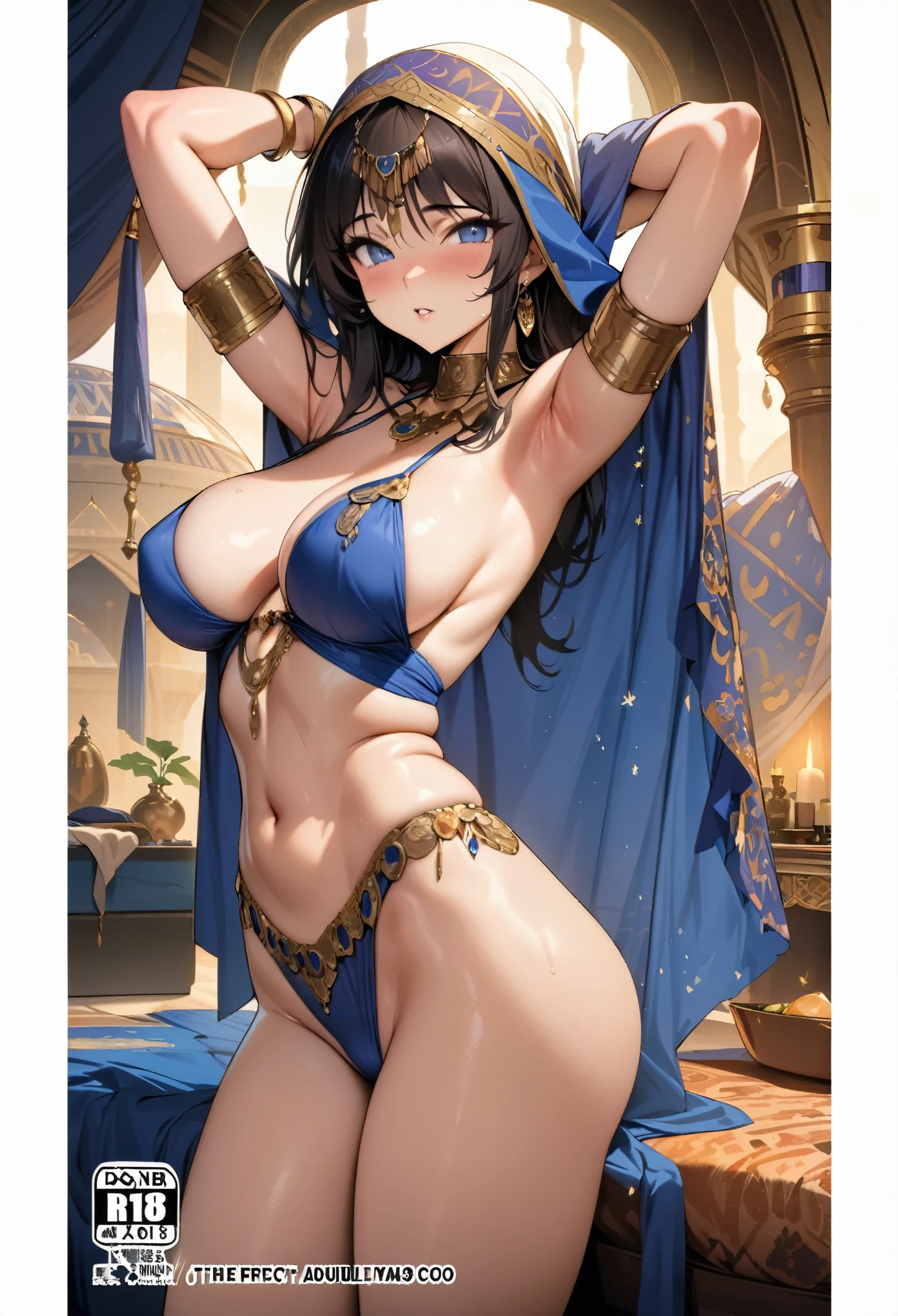 doujinshi cover_page, highres, top quality, best quality, paid reward available, unparalleled masterpiece, perfect artwork, absurdres, High-quality illustrations, super high resolution, detailed background, perfect anatomy, The Arabian Nights, Alf Laylah wa Laylah,