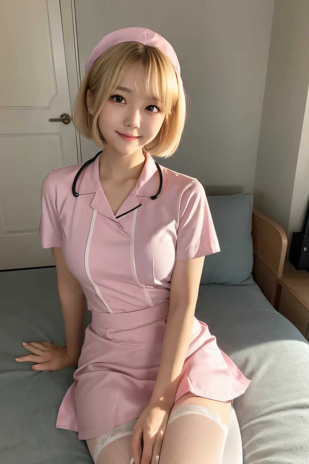 (1 Girl)、(Beautiful Japanese、18years old,round face、Refreshing、clear、seems kind、stylish、Pitiful、cute like an angel、cute、black eyes、,actress,Almond-shaped eyes), Good style , (Beautiful big breasts:1.0),(soft breasts),(very cute),(Blonde),(short bob hair),(enchanting eyes),(highlight on eyes:1.2)、(8K、Live shooting、highest quality、masterpiece:1.2、optimal lighting)、((masterpiece)),(Photo taken by a professional photographer),(real、photo real:1.4),break,{ (pink nurse costume),(((taraditional nurse uniform))),(pink nurse mini skirt),(( pantyhose)),(cleavage:0.7)},(Shy Smile),(cheeks are red:1.2), break, break,Hospital,Face shot