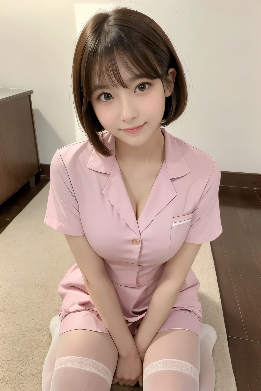 (1 Girl)、(Beautiful Japanese、18years old,round face、Refreshing、clear、seems kind、stylish、Pitiful、cute like an angel、cute、black eyes、,actress,Almond-shaped eyes), Good style , (Beautiful big breasts:1.0),(soft breasts),(very cute),(Blonde),(short bob hair),(enchanting eyes),(highlight on eyes:1.2)、(8K、Live shooting、highest quality、masterpiece:1.2、optimal lighting)、((masterpiece)),(Photo taken by a professional photographer),(real、photo real:1.4),break,{ (pink nurse costume),(((taraditional nurse uniform))),(pink nurse mini skirt),(( pantyhose)),(cleavage:0.7)},(Shy Smile),(cheeks are red:1.2), break, break,Hospital,Face shot