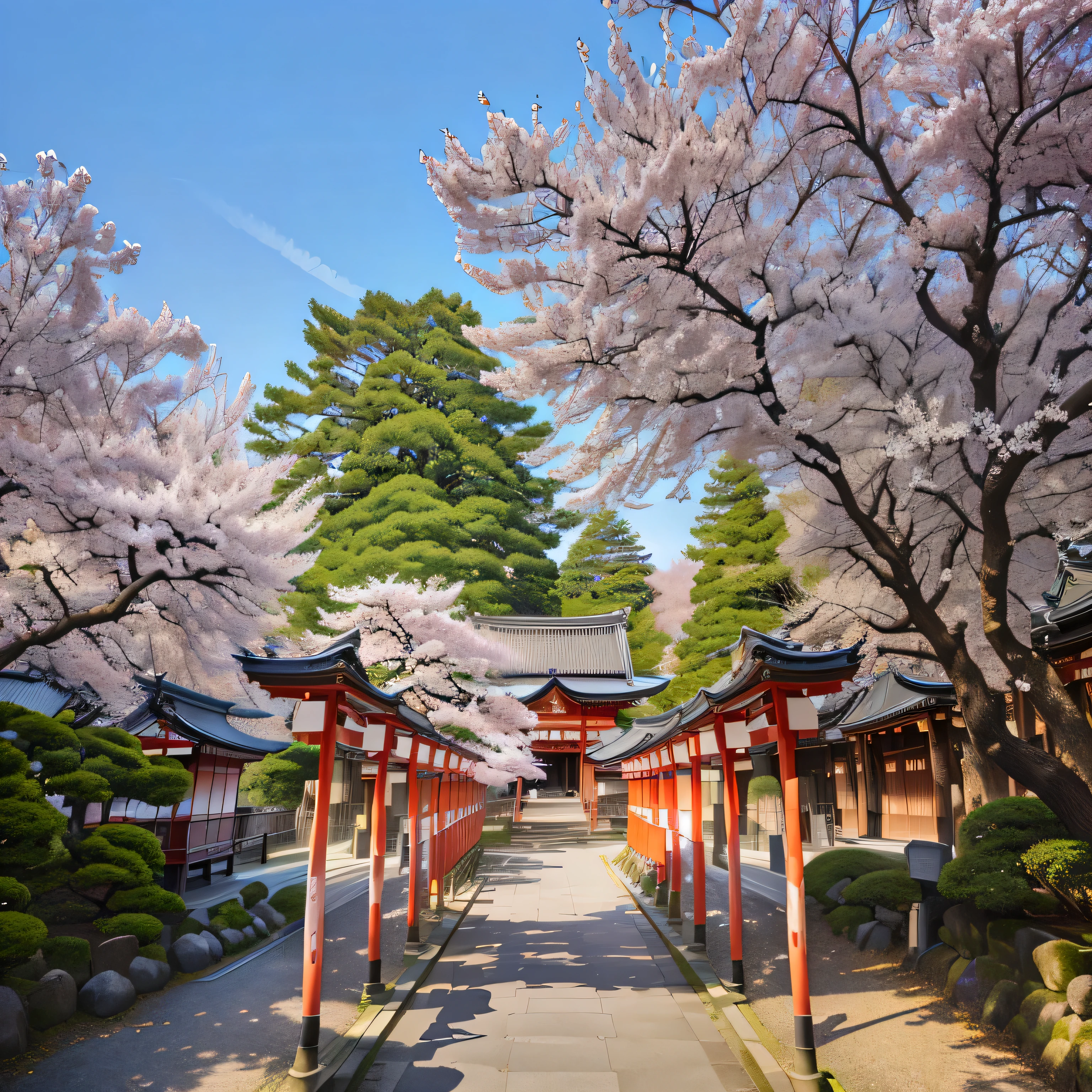 A tree with pink flowers on the approach to the shrine々is lined up, The blossoming road to heaven, Japanese shrine, Inari shrine, shrine, Dynamic lighting during cherry blossom season, Japanese Temples, near a Japanese shrine, Kyoto japan setting, Cherry tree, Japanese Templess, lush Cherry tree, sakura season, Kyoto, Beautiful images, centered torii gate, sakura bloomimg