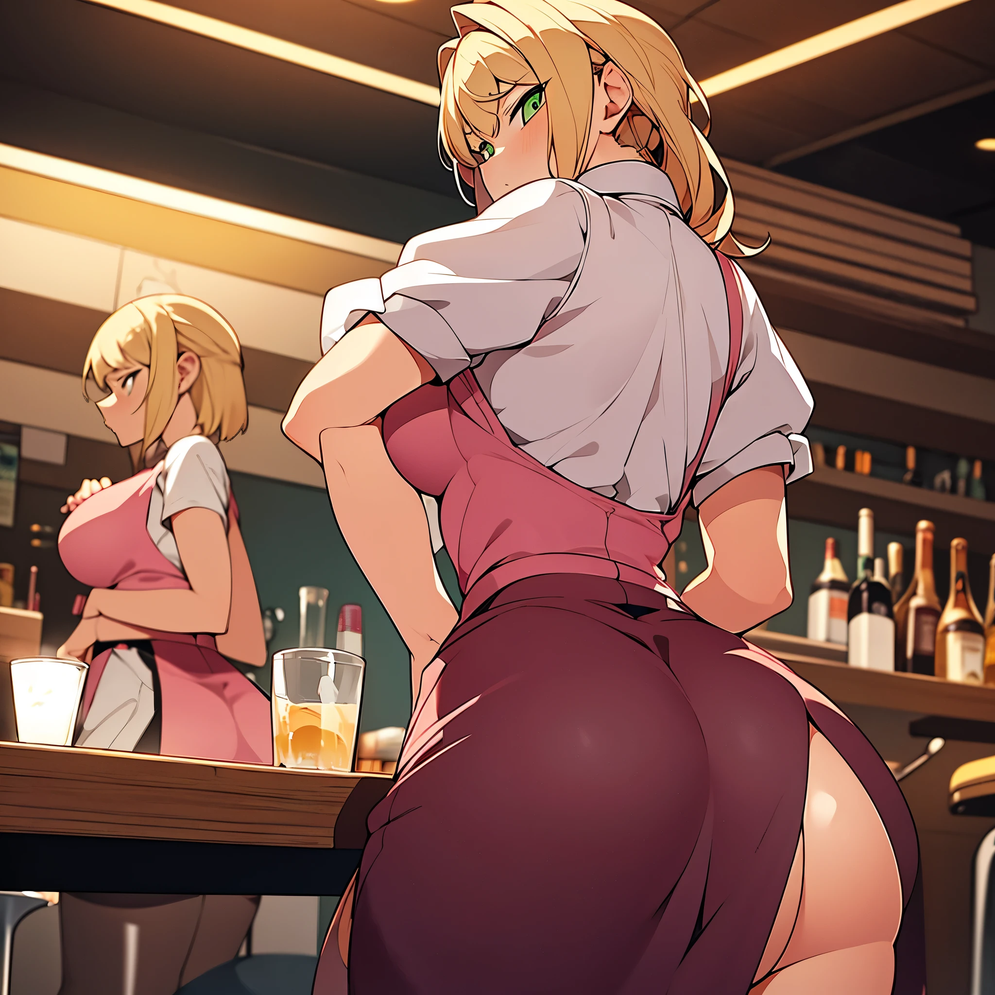 a waitress at the bar, she is wearing pink waitress dress and has a big butt and very wide hips, she is blonde, green eyes and she's leaning on the table, sticking her butt, looking back angrily, she has a huge buttocks and very thin waist, without anything obscene.