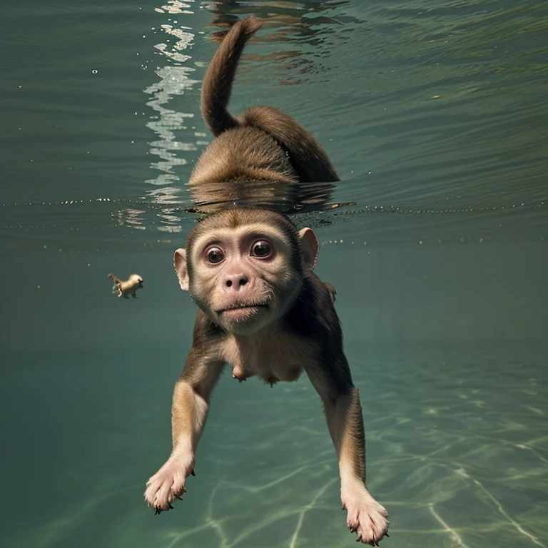 One baby dog fly on sky and a monkey is swimming on the deep water picture