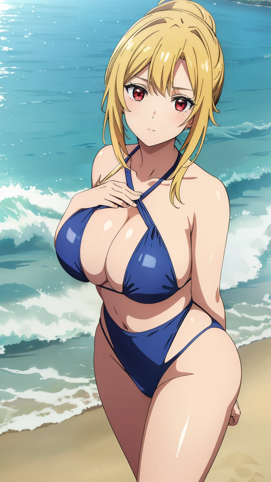 (best quality, 8k, highres, masterpiece:1.2), ultra-detailed, anime art style, beautiful intricate eyes, extremely detailed face, soft expression, stylish pose, Angelica V4, one girl, alone, red eyes, (swimsuit, beach, sea), looking at the audience, positioned in the center of the image, beautiful medium-sized voluptuous chest, beautiful face, slender waist, charming, soft lighting