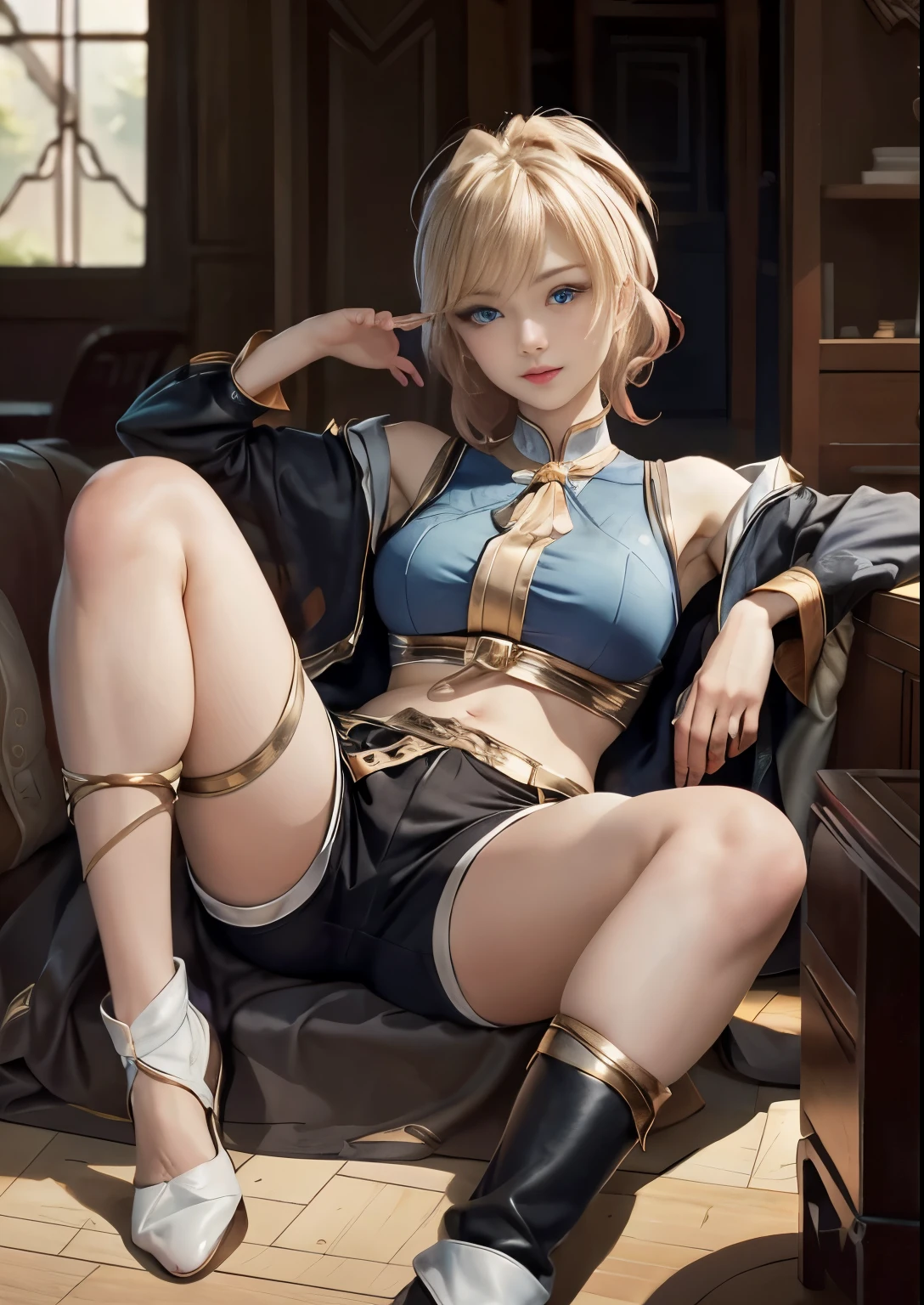 best quality, realism, real, photo: 1.4), Ji Xiaoman, Blond, blue eyes, hand on belly, big breasts, large breasts, thick legs, thights, sitting, knees up, open legs, real, photo"