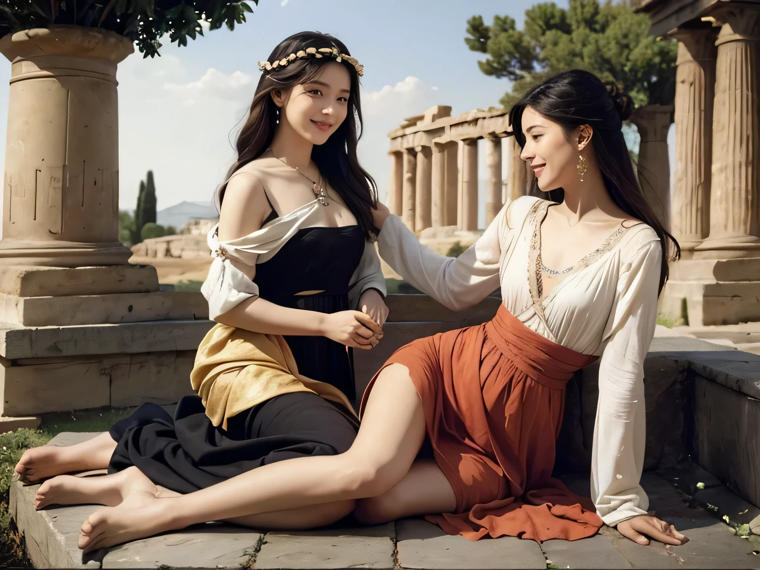 full body portrait or statue、Giorgione painting style,Arguments of two female Philosophe,math、astronomical machine、astronaut、roses in vase、fruits、Cute trinkets、smile、ancient greek costume、Ancient Roman landscape in the style of Nicolas Poussin,laughter,,Sweet and seductive appearance.、Caravaggio's paintings、Chiaroscuro of Caravaggio、hair tousled by the wind,Two women frolicking,cute smile, expression of ecstasy,Sexy,erotic,