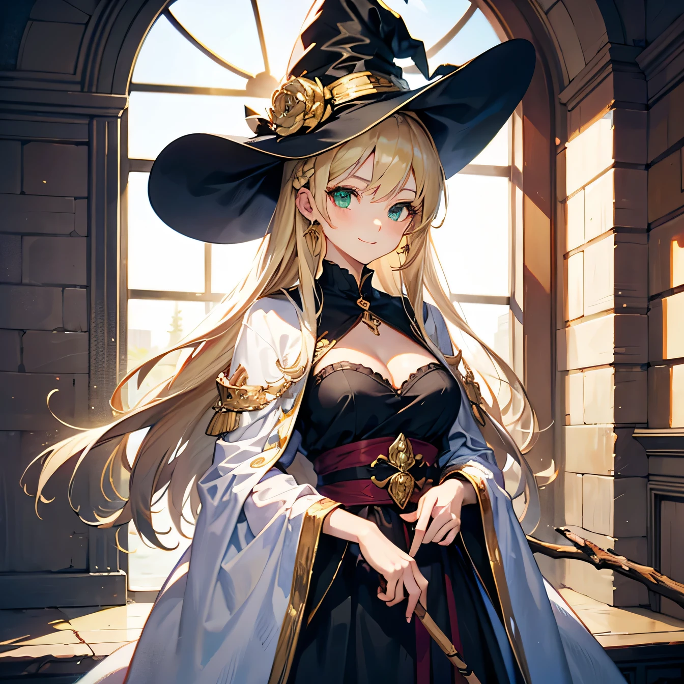 Anime Moe Art Style,highest quality,High resolution,Anatomically correct,One Woman,Adult woman in her twenties,Blonde,Hair longer than waist,Straight Hair,Her hair is straight down,Green Eyes,Super detailed,witch,White hat with gold trim,White cloak with gold trim,Red lining,Black long dress,Medium sized breasts,A gentle smile,intellectual,A rich expression,Eyes drawn in detail,Has a long stick,Inside the palace,8K