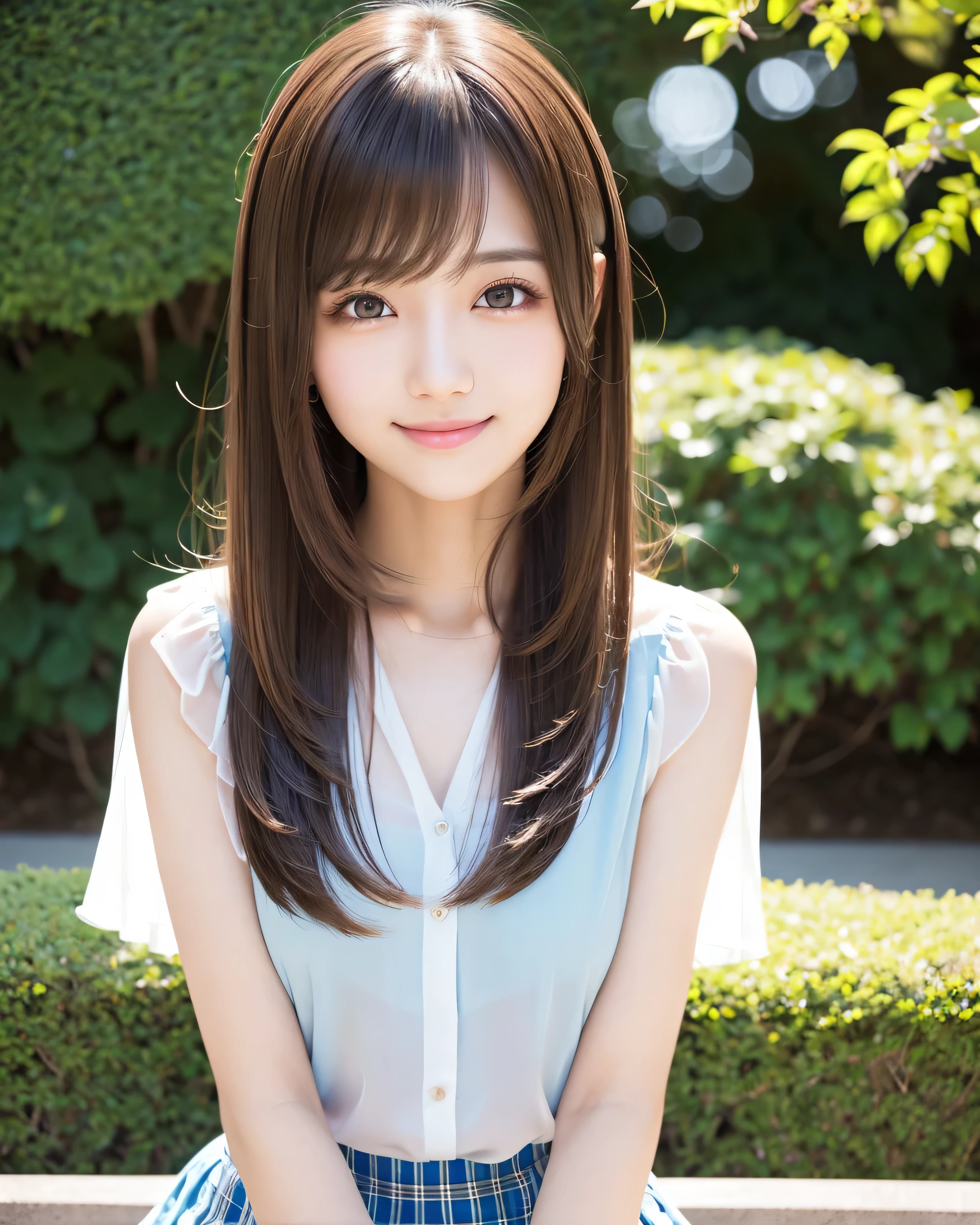 (highest quality, 32k, High resolution, masterpiece:1.5, ), Transparent air, The brilliance of youth, An award-winning masterpiece with incredible detail, Beautiful Japanese Girls, An exceptionally beautiful face, Shiny brown hair, ((Beautifully groomed long hair)), Asymmetrical bangs, Hair between the eyes, Beautifully trimmed, thin eyebrows, Magical big eyes, Moist black eyes, Clear double eyelids, smooth and transparent skin, Pale pink detailed lips, Natural Makeup, Rich expression of emotions, Overflowing Motherhood, Put your love into it, (A gentle smile:1.4), Lightweight silk blouse, blue plaid pleated skirt, sit, Ridiculous absolute territory, High resolutionの美しい太もも, (whole body:1.3), Wakaba Park, The dazzling summer sunshine, detailed blue sky, Professional Lighting, Professional Photographer, Professional models