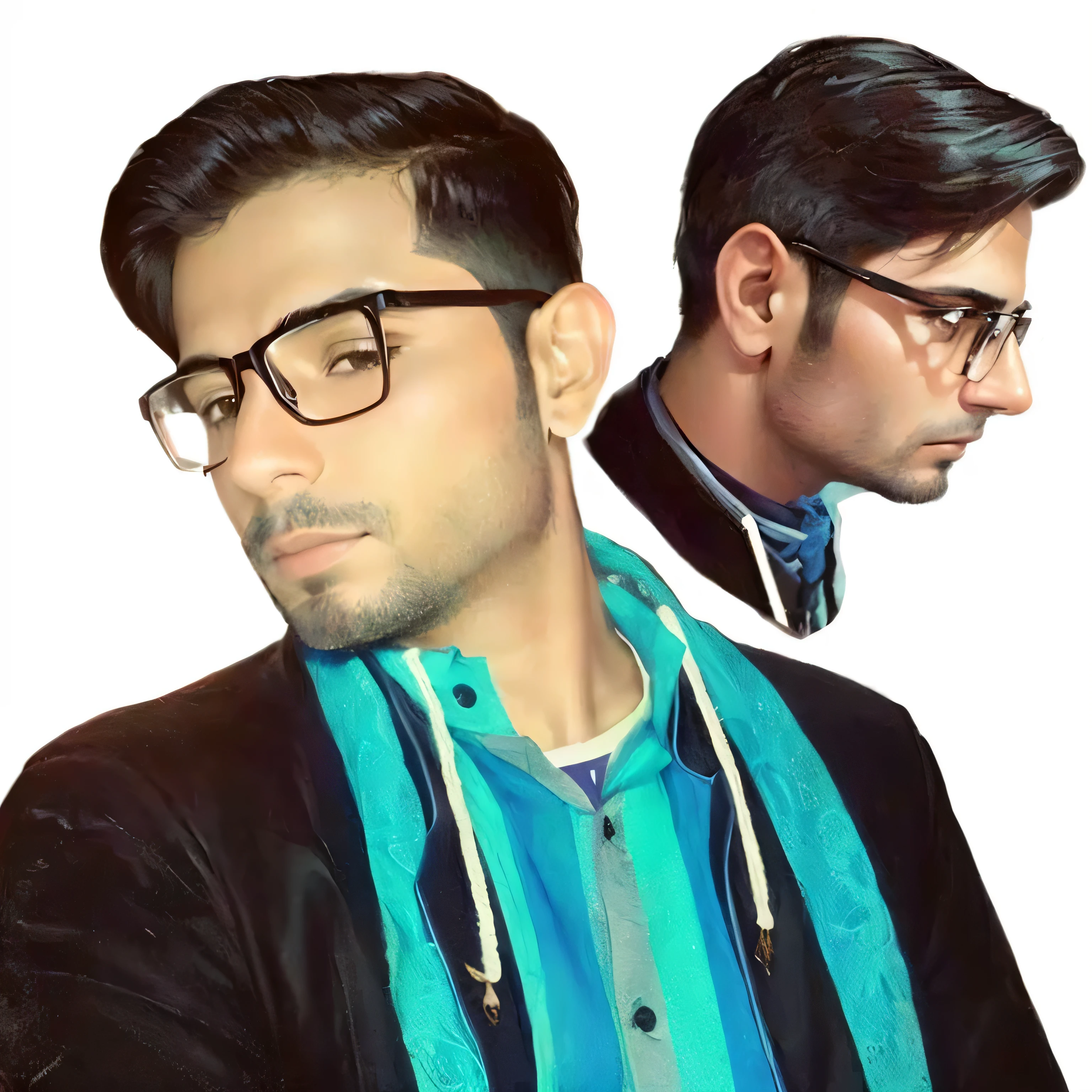 there are two men with glasses and a blue scarf, inspired by Saurabh Jethani, portait photo profile picture, edited in photoshop, kyza saleem, profile picture 1024px, profile pic, very very high quality picture, khyzyl saleem, stylish pose, profile picture, digital art!!, profile picture, high quality portrait,
