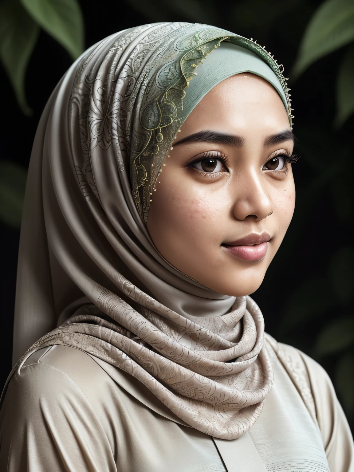 Close-up portrait of a Malaysian girl in hijab, (hyperrealistic, intricate details, high resolution), 23 years old, delicate features, expressing a gentle smile, peaceful and content, lush green surroundings, (soft cinematic light, natural tones), hijab carefully draped over her head, revealing expressive eyes and rosy cheeks, (neutral colors, subtle textures), captivating expression, matured gracefully, (hijab fabric with intricate patterns, intricately woven), capturing the essence of Malaysian culture, (emphasizing the unique beauty of her hijab and the individuality of the subject).