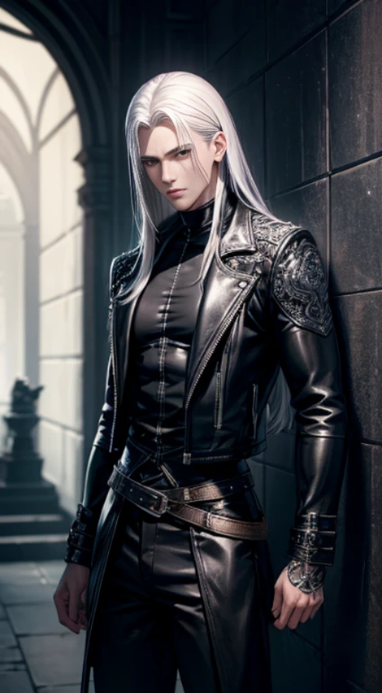 Waist-length platinum silver hair、Handsome 25 year old male mercenary, Pale skin, Serious expression, He is wearing a long blue leather jacket that reaches down to his knees and black pants., Black Leather Boots、Waist up shot, Back against the wall pose, Ambient Lighting, Photorealistic, Exquisite facial details, Intricate handcrafted detailing, Very detailed, Vibrant colors, Cinematic, High resolution, Trending Style Raw on Artstation、Sadness、